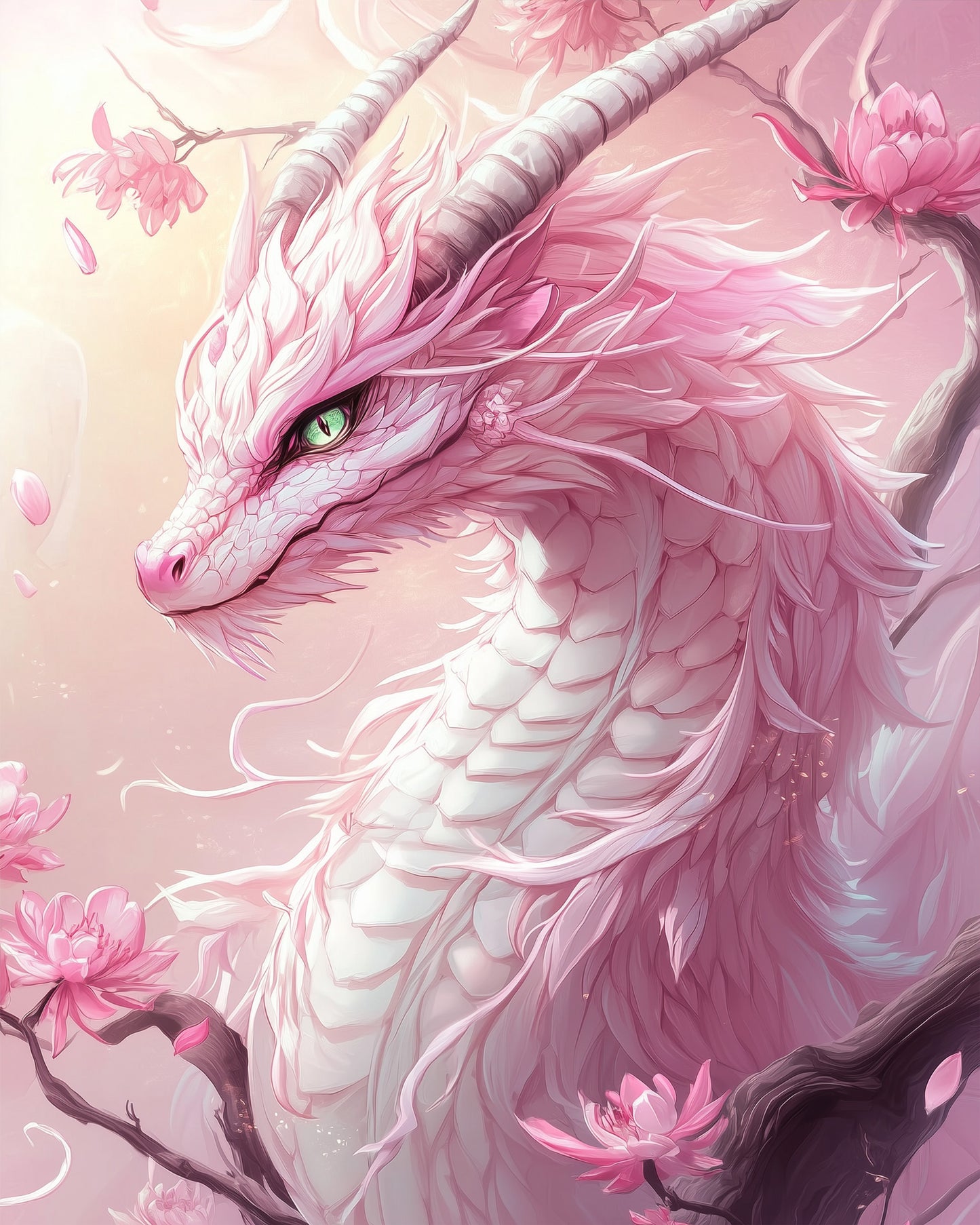 miicreative's Traumhafter Drachenglanz. Der Drache strahlt in pastellfarbenen Tönen, umgeben von rosa Blüten. Fördert die Achtsamkeit mit diesem Malen nach Zahlen Set.