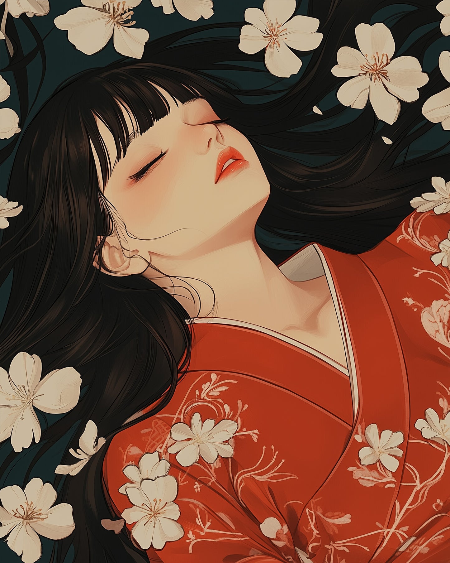 miicreative Malen nach Zahlen Kit 'Schlafende Schönheit und Kirschblüten'. Ausdrucksstarke asiatische Kunst mit roten und weißen Tönen. Perfekt für achtsame Malmomente.