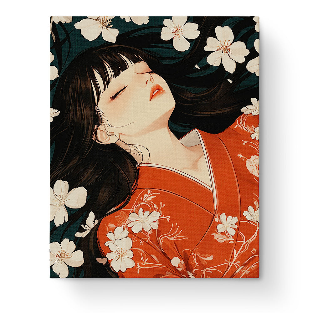 Malen nach Zahlen Kit 'Schlafende Schönheit und Kirschblüten' von miicreative. Eine friedlich schlafende Frau in einem roten Kimono, umgeben von weißen Blüten, vermittelt Ruhe und Kreativität.