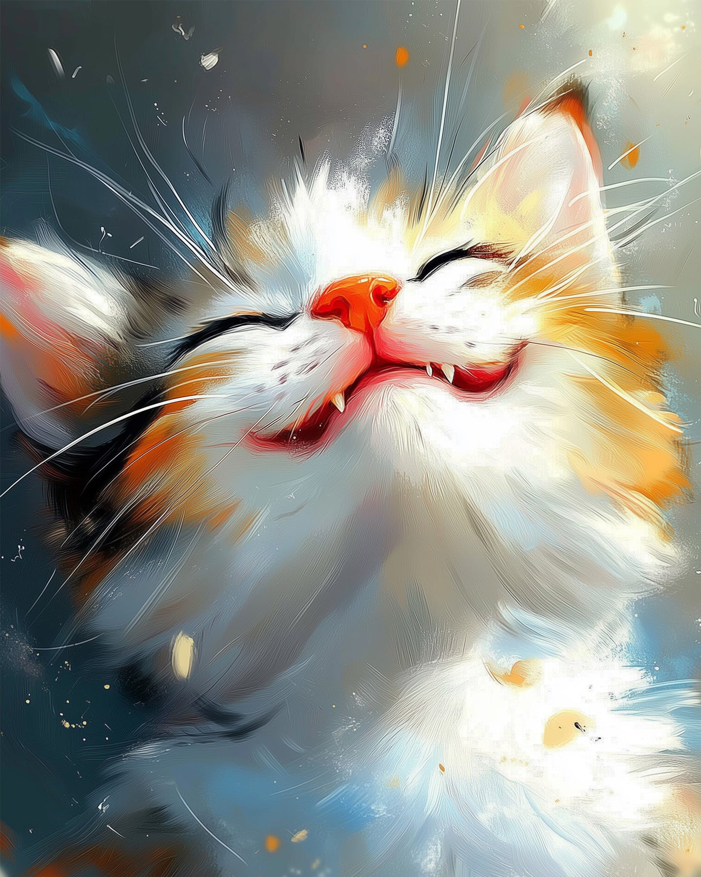 Nahaufnahme einer lächelnden Katze in kräftigen Farben, Malen nach Zahlen von miicreative. Perfekt für eine kreative Auszeit und Entspannung.