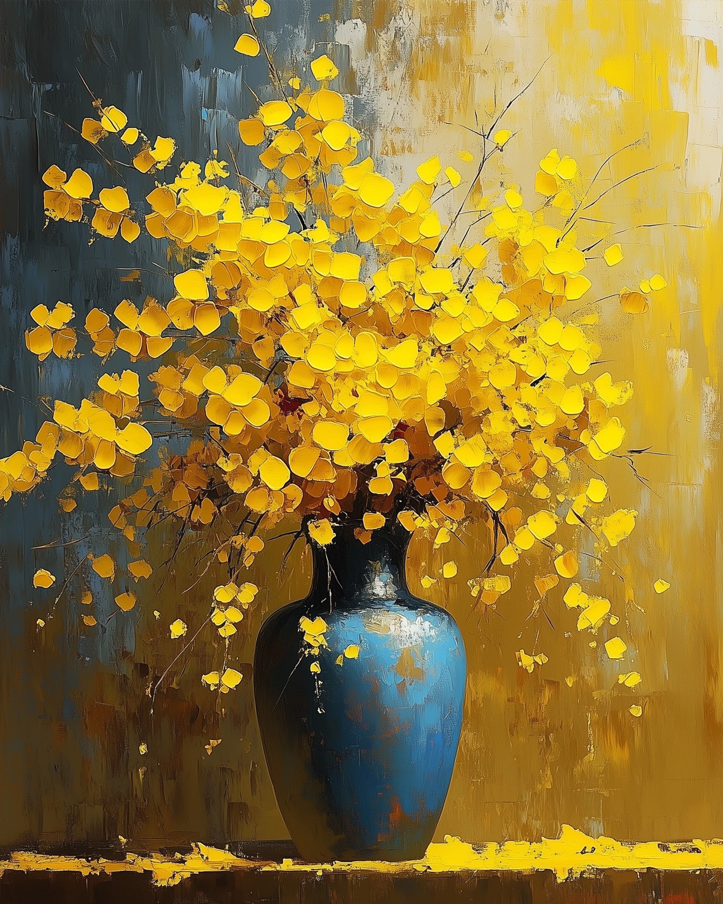 Gelbe Blumen in blauer Vase als Malen nach Zahlen Kit von miicreaitve. Perfekt für Achtsamkeit und kreativen Ausgleich.