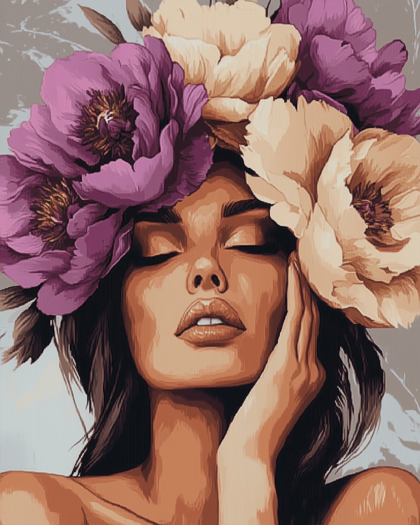 Bild einer Frau mit prachtvollen Blumen in Lila und Creme. 'Blütenpoesie der Träume - Floral Women' von miicreative. Entdecke Achtsamkeit und Entspannung durch Malen nach Zahlen.