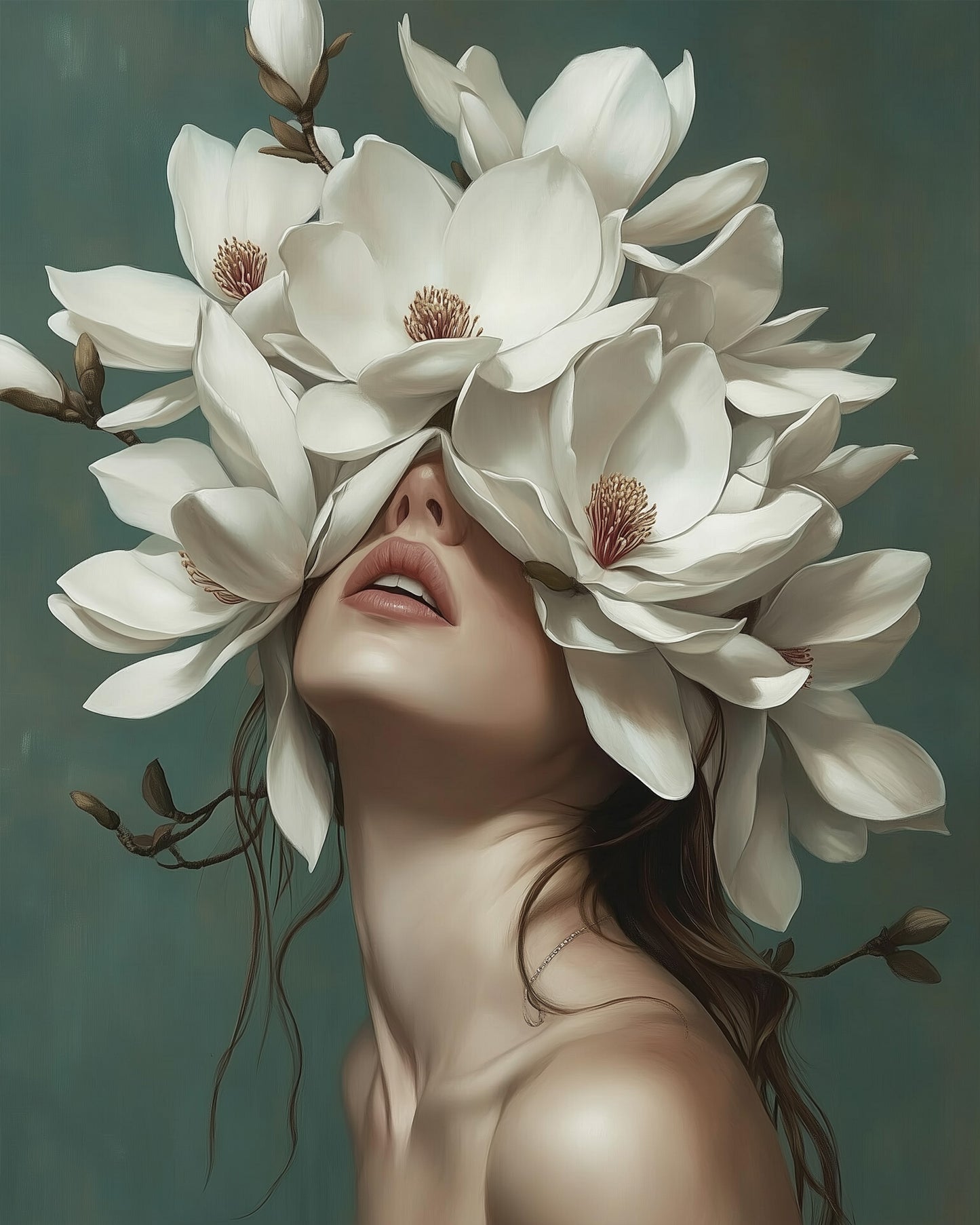 Malerische Magnolienblüten umhüllen sanft das Gesicht einer Frau. Titel: Magnolienzauber - Floral Women von miicreative. Ideal für kreative Entspannung. Inkl. Materialien Malen nach Zahlen fixer Kit.