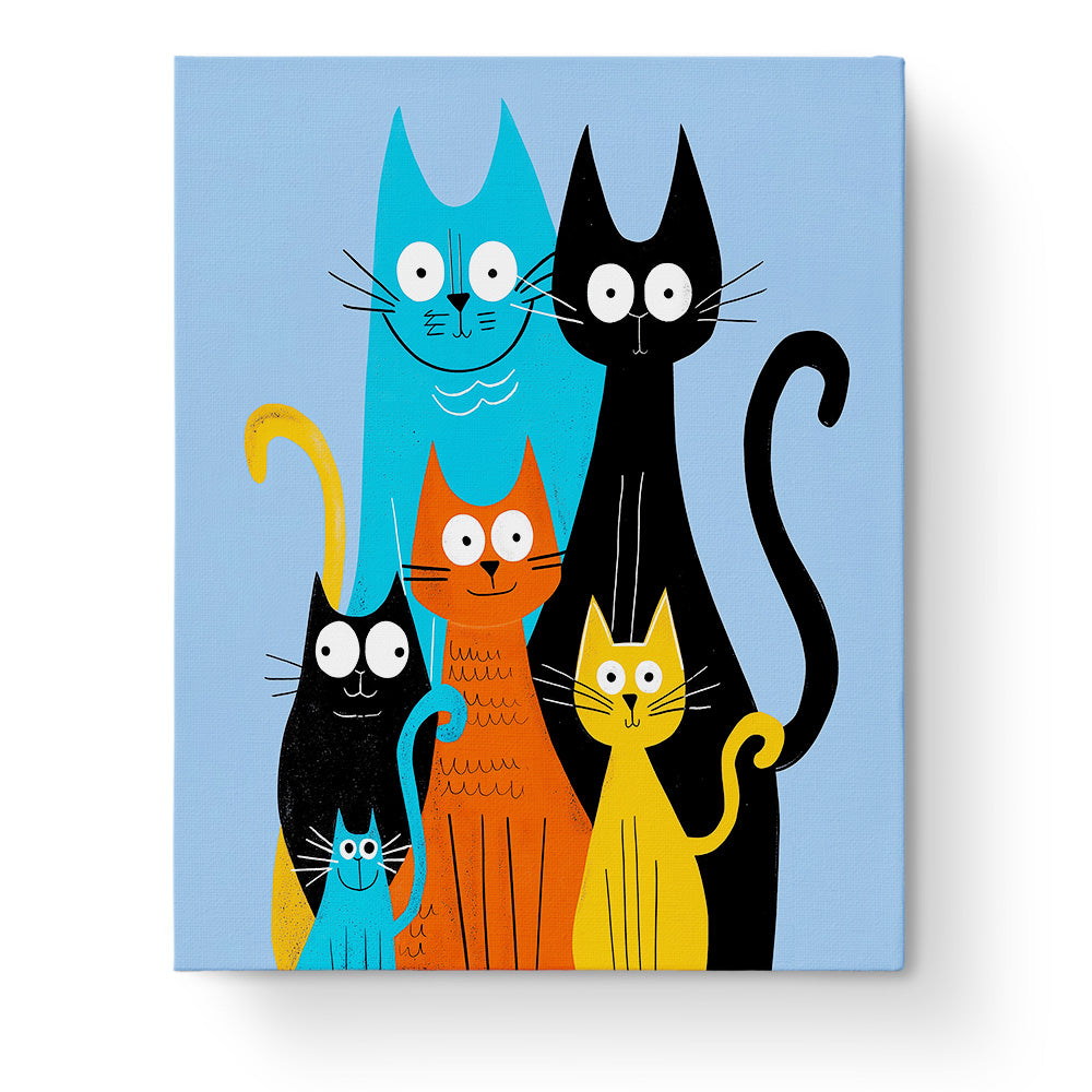 Katzenfamilie in Farben - Minimalistic von miicreative. Darstellung einer Gruppe bunter Katzen auf blauem Hintergrund, ideal für Kreativität und Achtsamkeit. Malen nach Zahlen Kit.