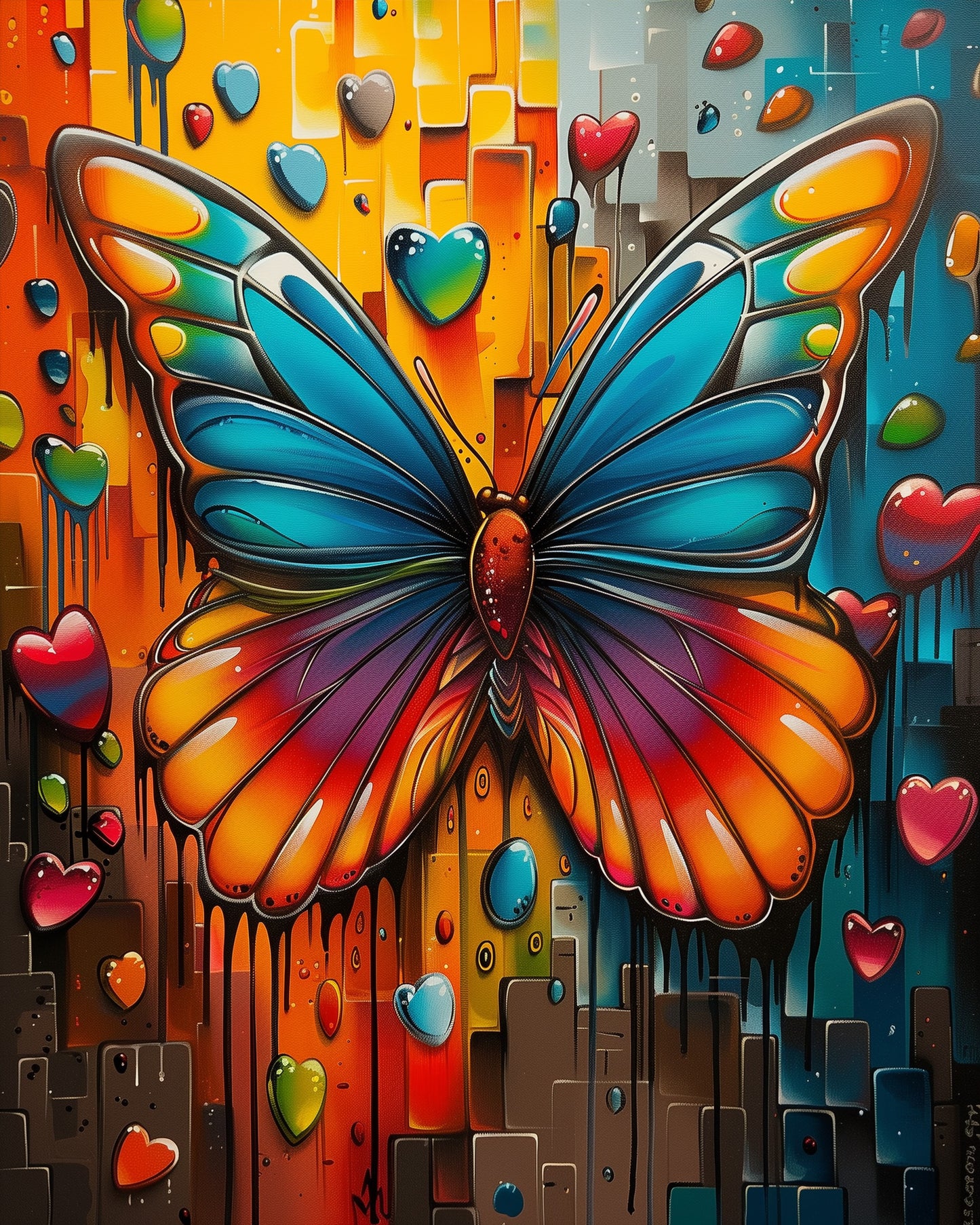 Ein leuchtender Schmetterling in lebendigen Blau- und Orangetönen auf abstraktem Hintergrund. Schmetterling der Farben - Meditation von miicreaitve. Perfekt für Kreativität und Achtsamkeit.