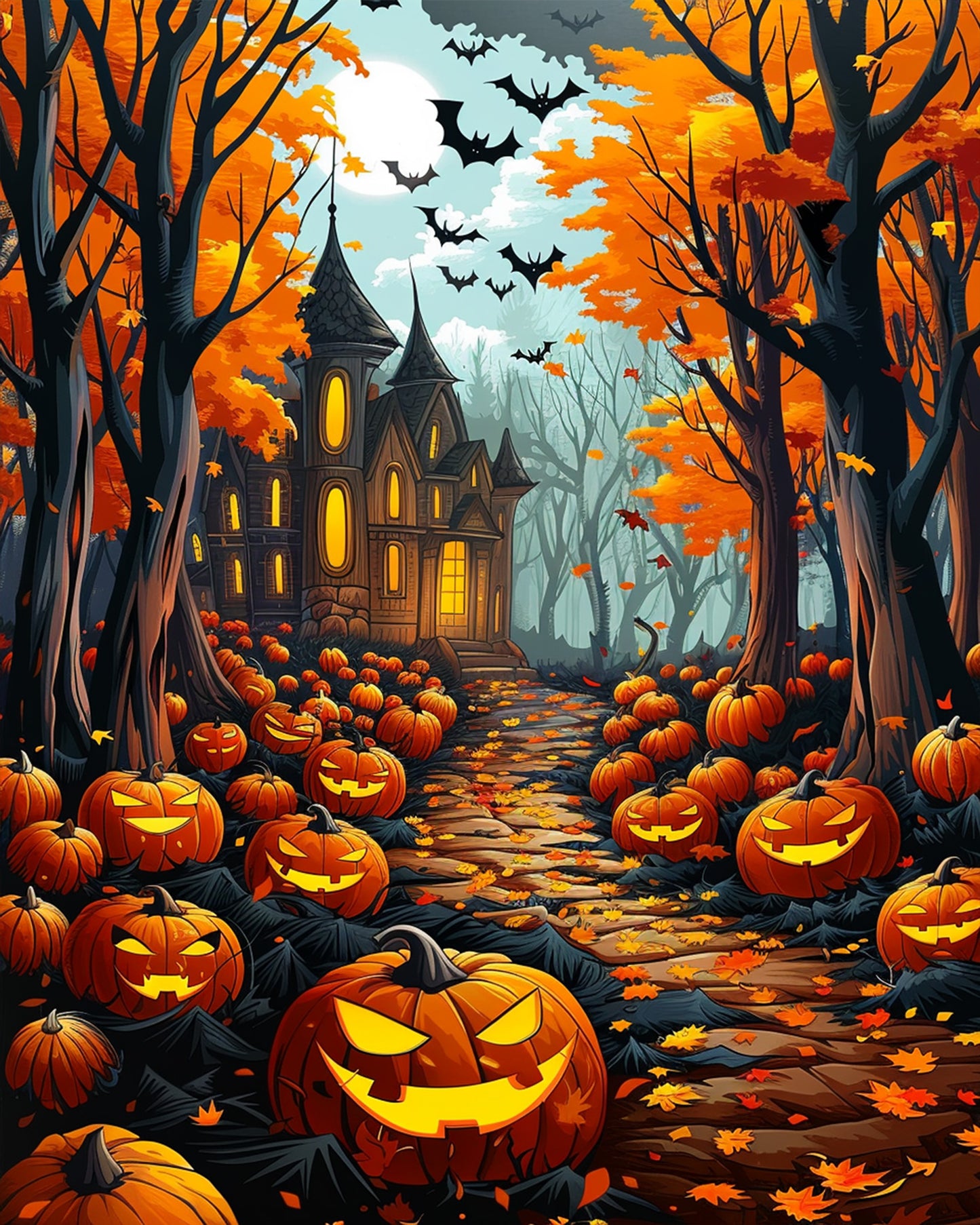 Ein stimmungsvoller Kürbiswald von miicreaitve, voller leuchtender Kürbisse und einem unheimlichen Haus im Hintergrund. Das Malen nach Zahlen Set 'Verzauberter Kürbiswald - Halloween' inspiriert zur kreativen Achtsamkeit.