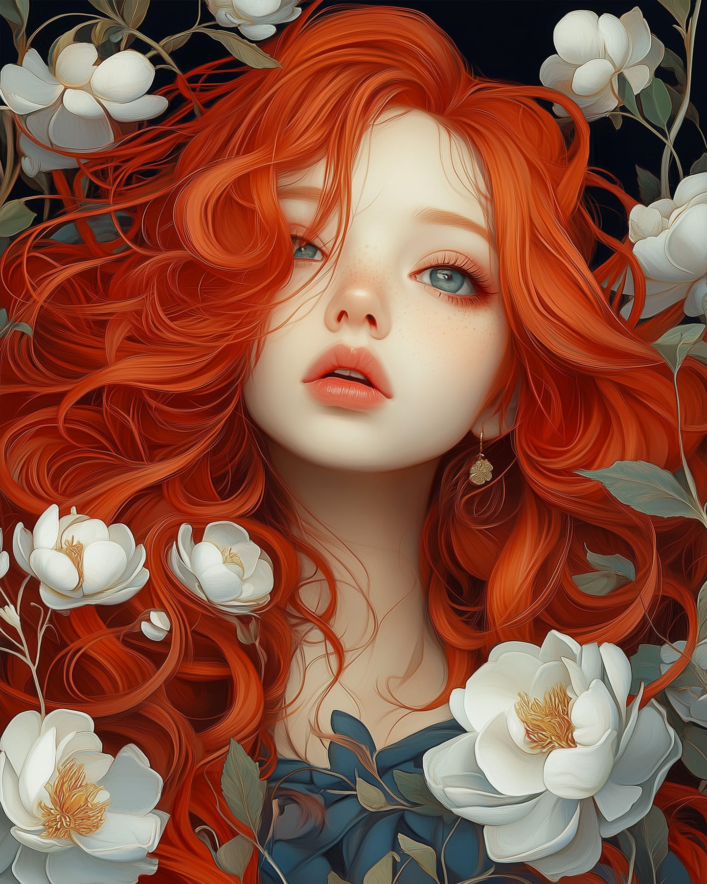 miicreaitve Malen nach Zahlen Kit - Rote Haare und Magnolien. Eine meditativ-kreative Erfahrung mit einer rothaarigen Frau und blühenden Magnolien.