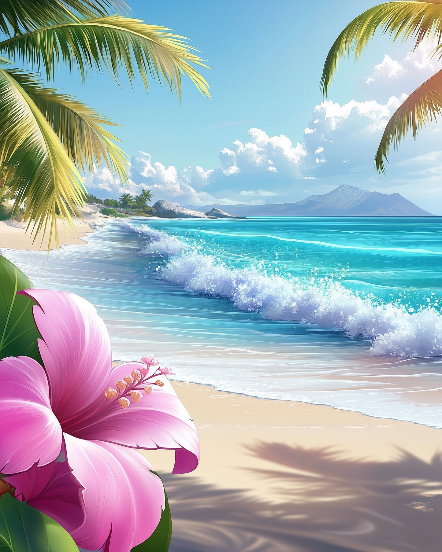 Hibiskus und Strand in leuchtenden Farben. Entdecke das Strandparadies mit Hibiskus - Sea Landscape von miicreaitve. Ideal für kreative Entspannung mit Malen nach Zahlen.