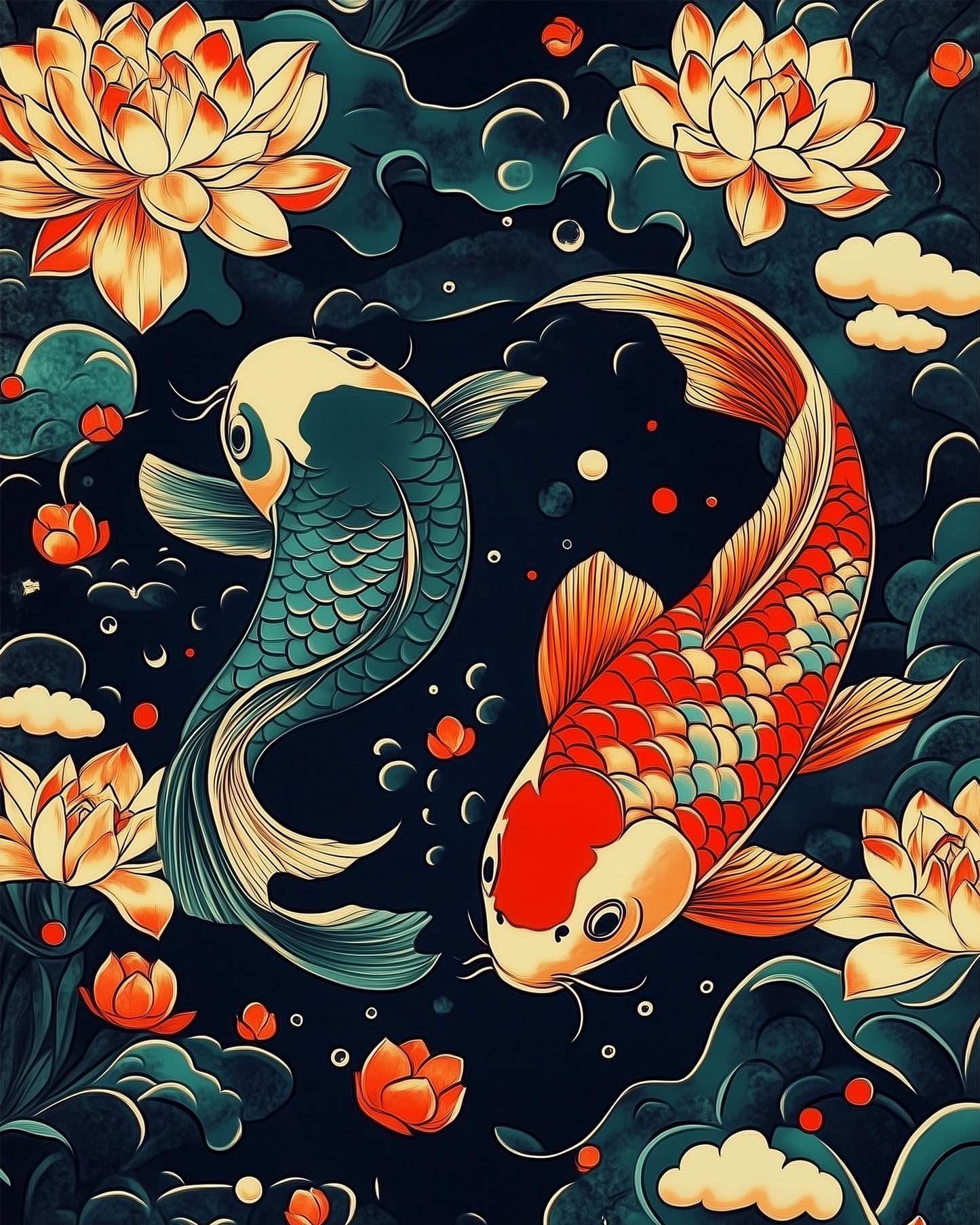 miicreative präsentiert Koi im Wasser Malen nach Zahlen. Lebendige Fische und Lotus in asiatischem Stil. Perfekt zum Entspannen und Gestalten.