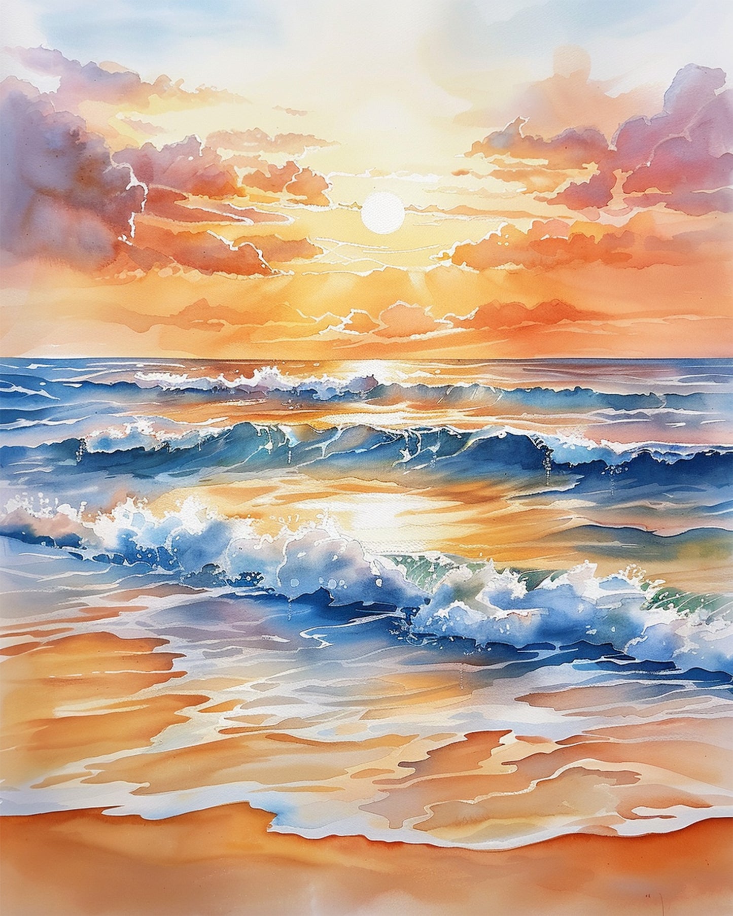 Meditatives Erlebnis mit leuchtenden Farben von Wellen des Sonnenuntergangs von miicreative. Malen nach Zahlen Set, perfekt gegen Stress.