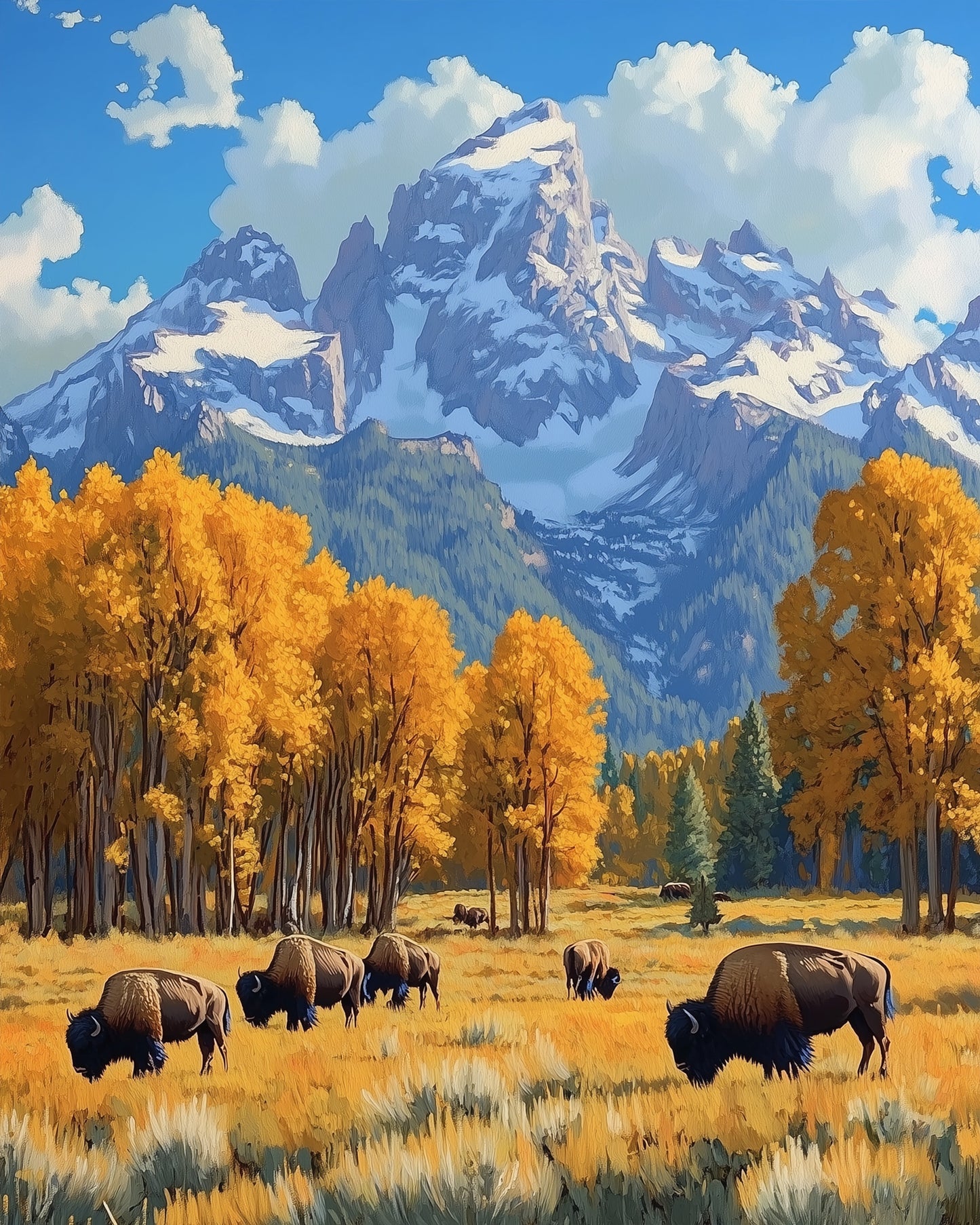 miicreative zeigt eine majestätische Berglandschaft mit Büffeln. Genieße kreative Ruhe mit diesem Malen nach Zahlen Set.