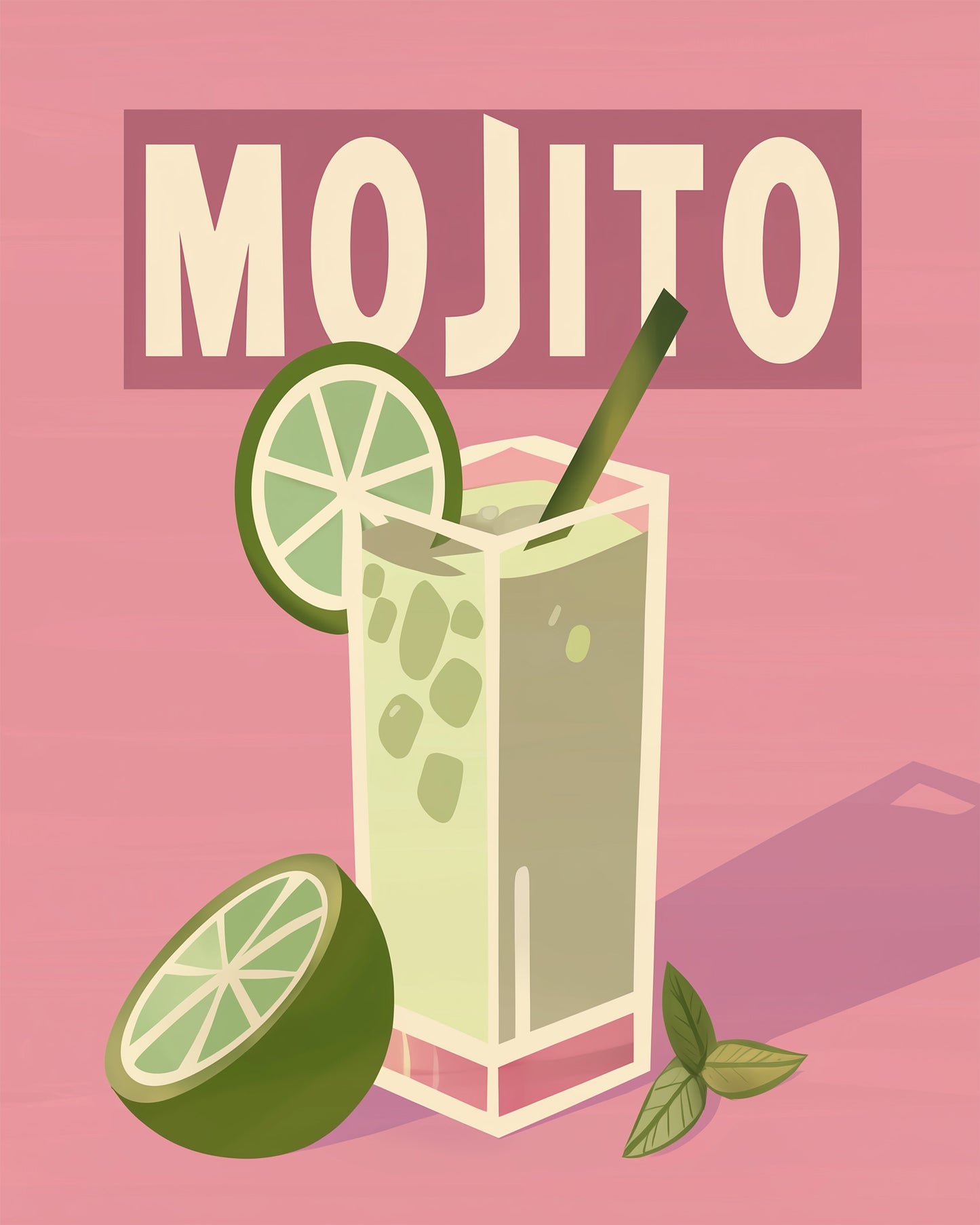Mojito-Glas mit Limette und Minze auf rosa Hintergrund von miicreative. Das Malen nach Zahlen Kit fördert Achtsamkeit und Kreativität.