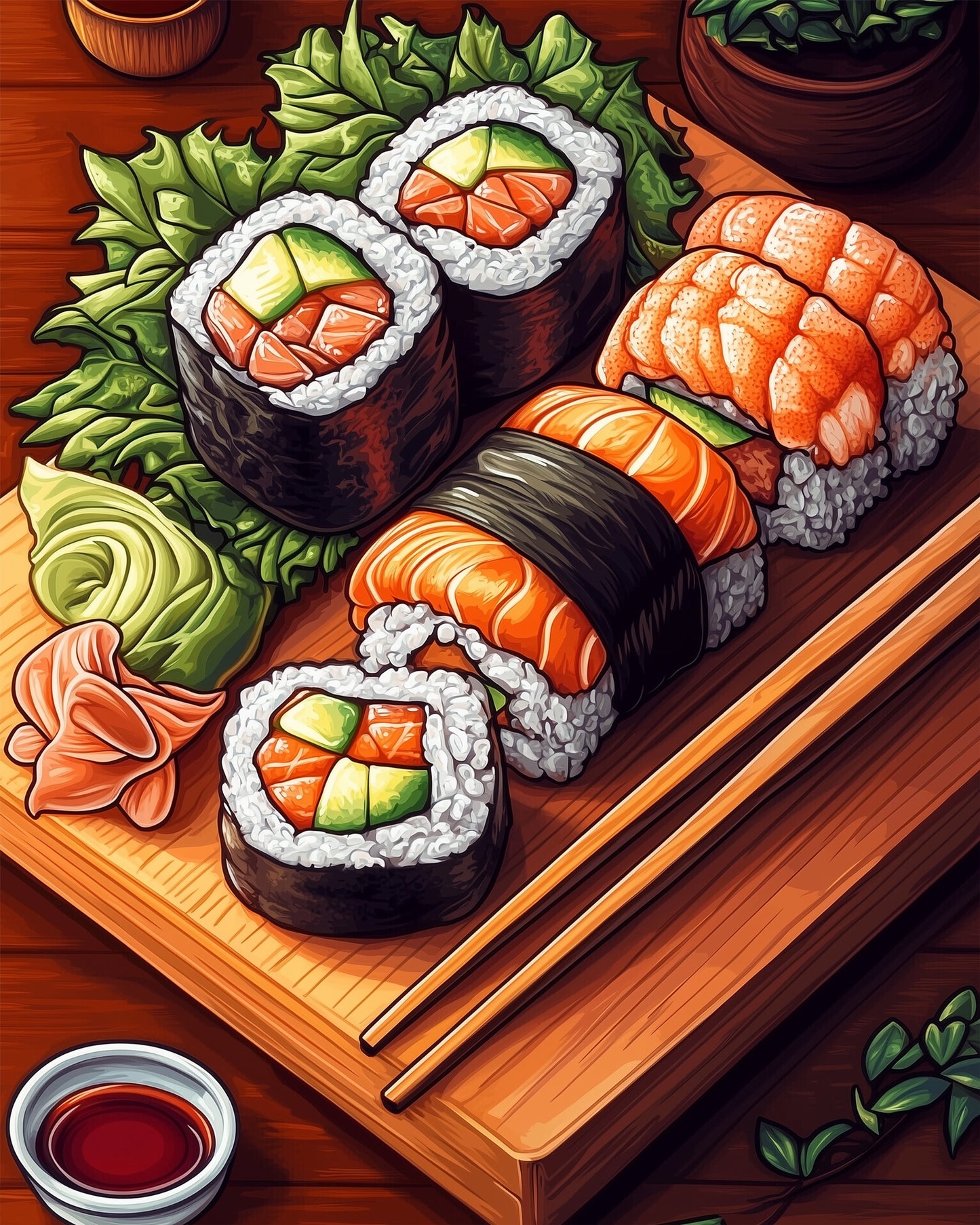 Faszinierende Sushi-Kunst in Malen nach Zahlen, miicreative. Lebendige Farben für kreative und achtsame Erlebnisse.