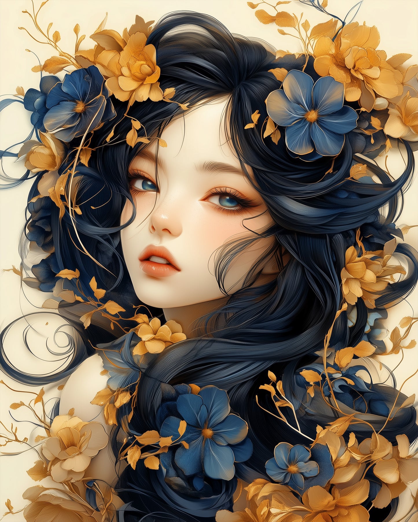 Illustrierte Frau umgeben von goldenen und blauen Blumen, miicreative. Perfekt für Malen nach Zahlen Enthusiasten, die nach Achtsamkeit und künstlerischem Ausdruck suchen. Erfahre Entspannung mit jedem Pinselstrich.