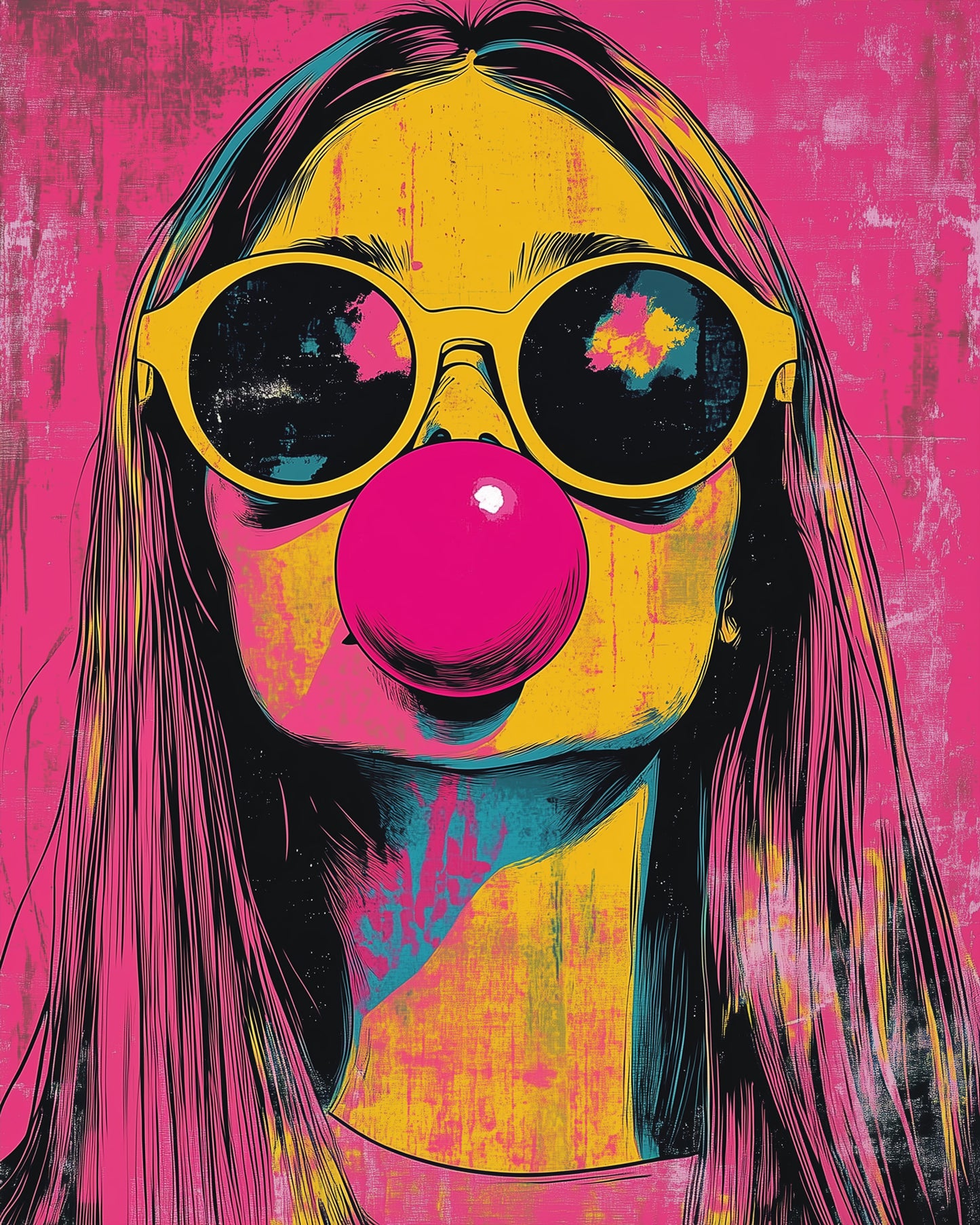 Pop Art Malen nach Zahlen Kit von miicreative zeigt ein Mädchen mit gelber Brille und lebhaften Farben, ideal für Stressabbau.