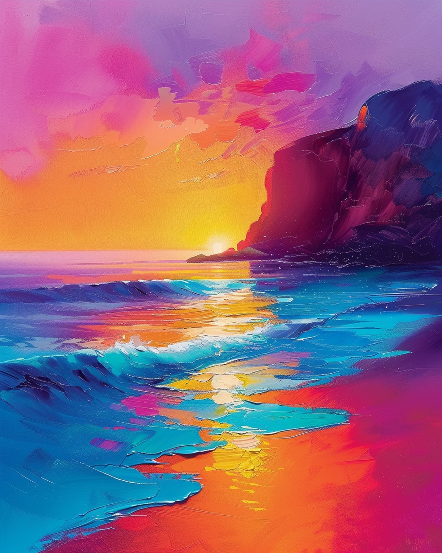 Ein atemberaubender Sonnenuntergang mit bunten Wellen und Felsen, Malen nach Zahlen von miicreative. Entspanne kreativ mit leuchtenden Farben.