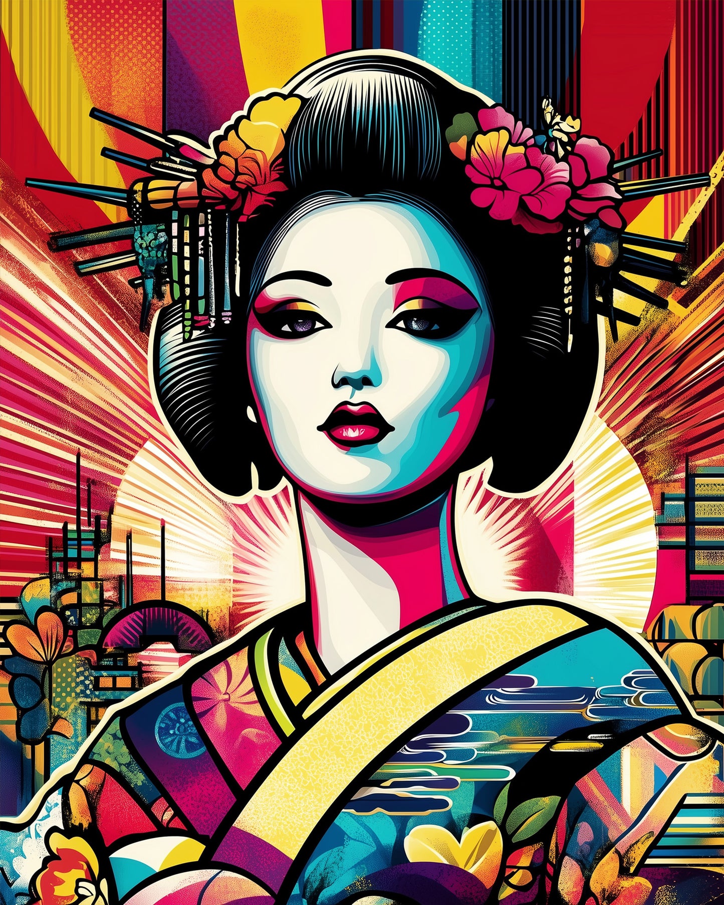 miicreative Pop Art Kit: Geisha in vitalen Farbkombinationen als verbindendes Malen nach Zahlen Erlebnis für Entspannung und Kreativität.