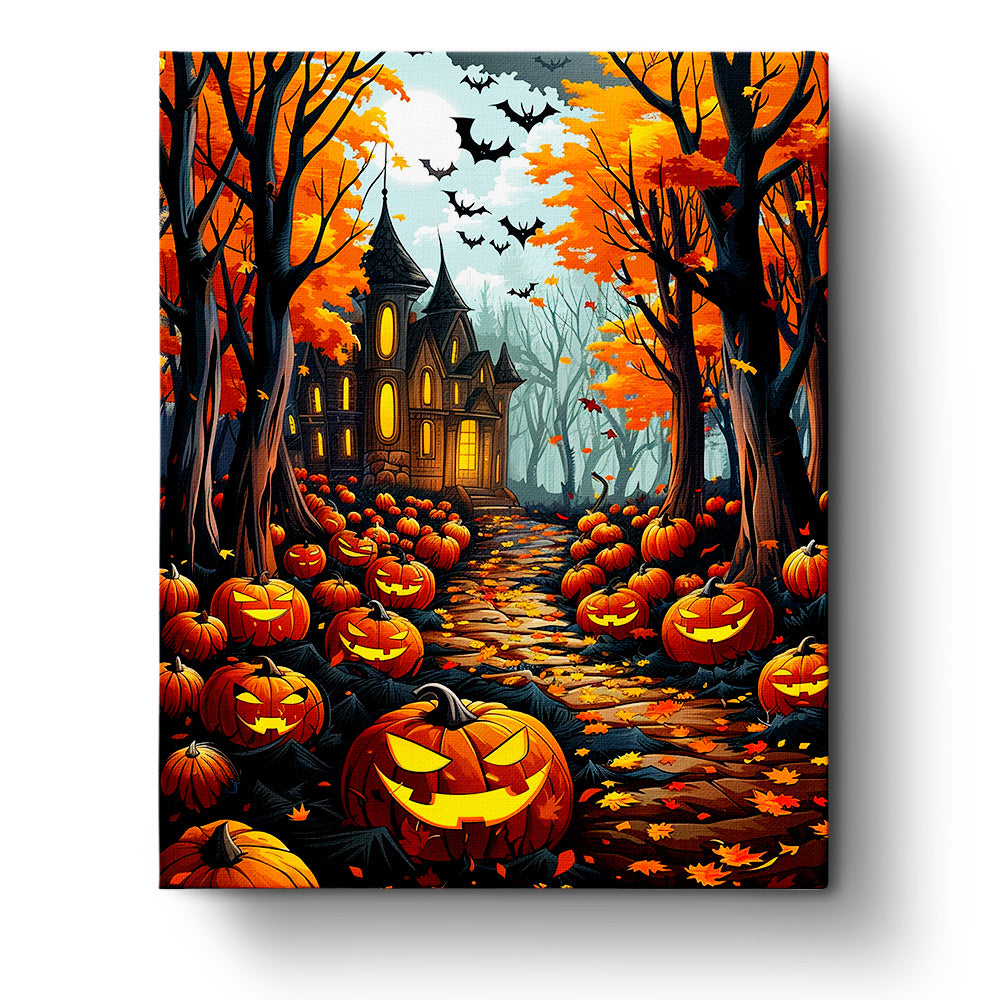Ein stimmungsvoller Kürbiswald von miicreaitve, voller leuchtender Kürbisse und einem unheimlichen Haus im Hintergrund. Das Malen nach Zahlen Set 'Verzauberter Kürbiswald - Halloween' inspiriert zur kreativen Achtsamkeit.