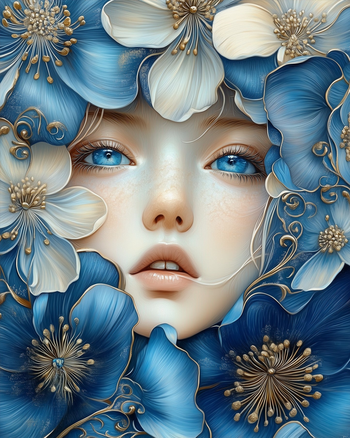 Detail eines Gesichts mit blauen Augen und blauen Blüten - Titel: Blaue Blütenpoesie - Floral Women, von miicreative. Malen nach Zahlen für entspannende Kunstmomente.