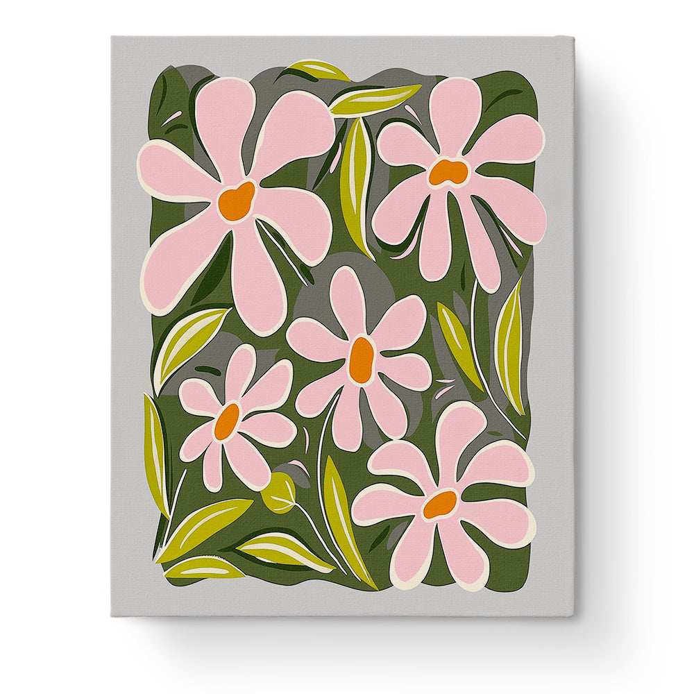 Zarte Blütenpracht von miicreative, ein Malen nach Zahlen Set. Rosa Blüten auf grünem Hintergrund betonen Kreativität und Achtsamkeit.