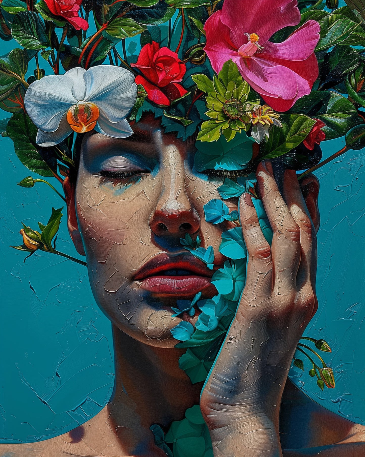 Nahaufnahme einer Frau mit floraler Krone, Blütenzauber - Floral Women Malen nach Zahlen Set von miicreative. Perfekt für entspannende kreative Momente.
