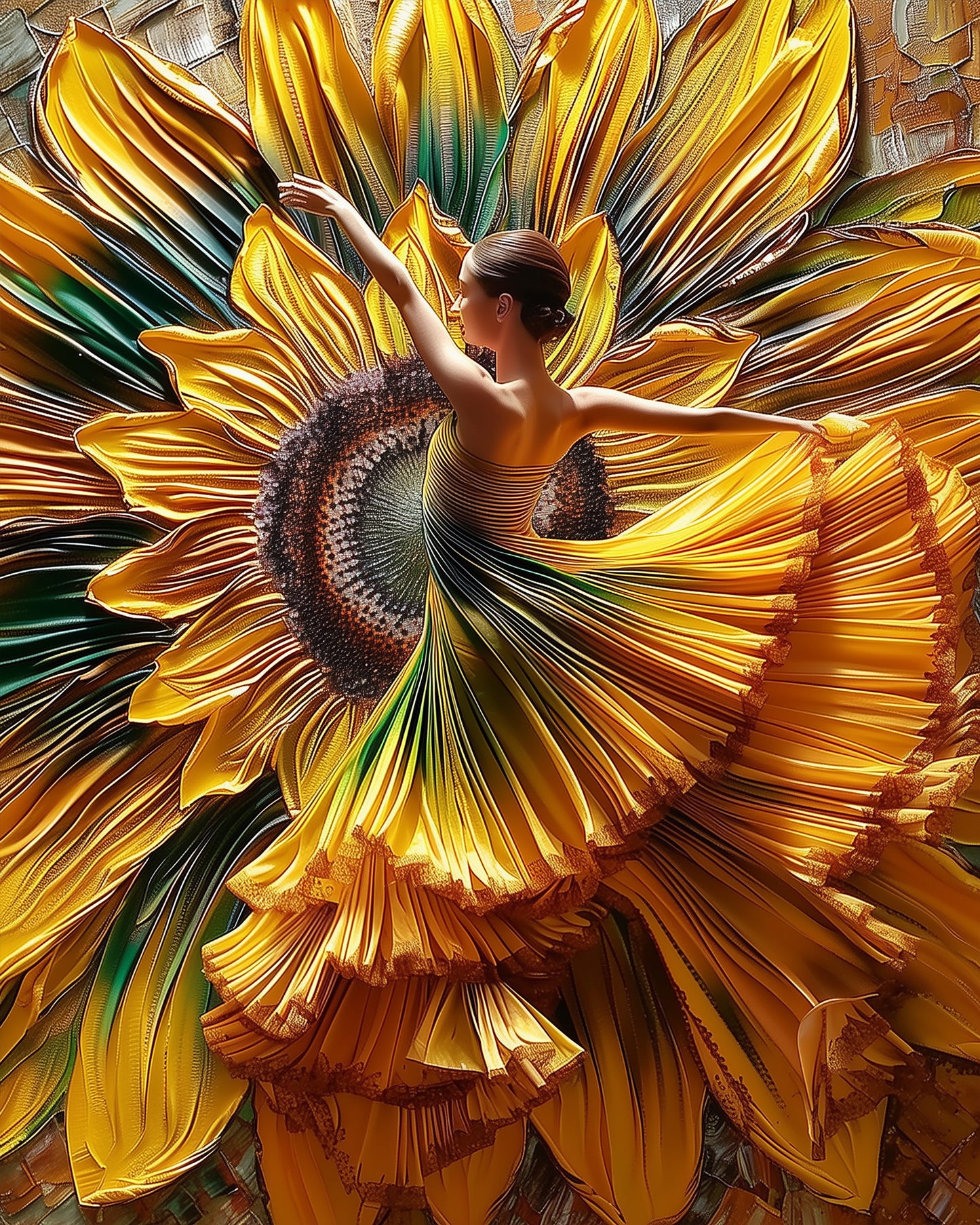 miicreaitves Sonnenblumen-Tänzerin in intensiven Farben bringt Ruhe und Kreativität. Ein einzigartiges Malen nach Zahlen Erlebnis.