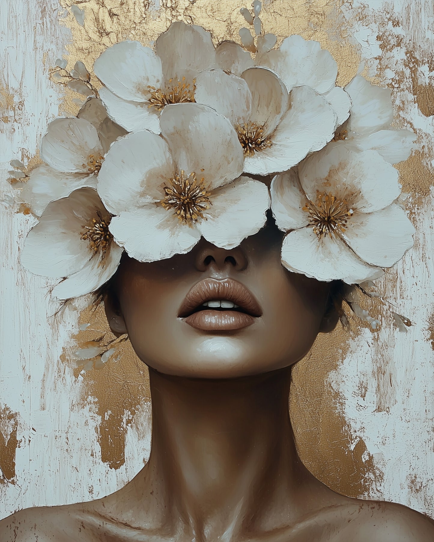 Künstlerisches Abbild einer Frau mit Blumendekoration. Die cremefarbenen und goldenen Details verleihen dem Kunstwerk von miicreative eine beruhigende und kreative Wirkung. Perfekt für Malen nach Zahlen-Fans.