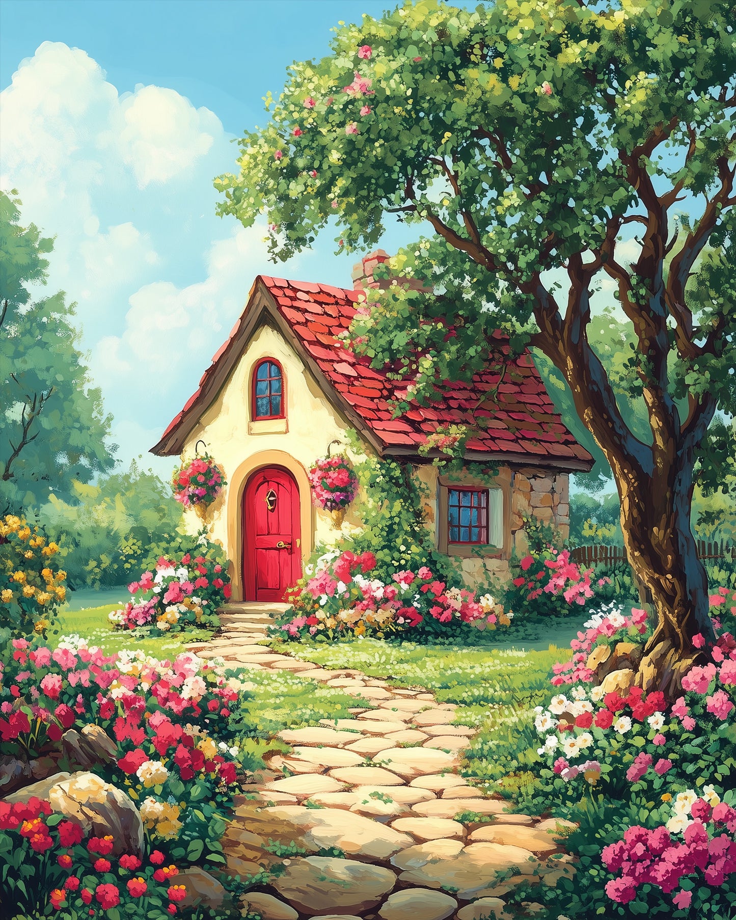 Charmantes Gartenhäuschen mit roten Ziegeldach, geschmückt mit blühenden Blumen. Perfekt für Kreativität und Achtsamkeit mit miicreative’s Malen nach Zahlen Kit.