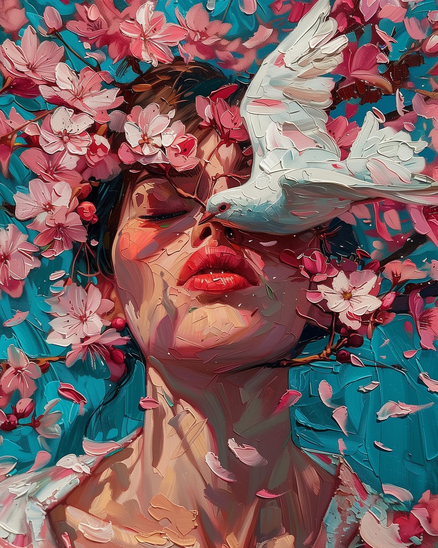 Intensive Farben und sinnliches Motiv mit Blüten und Taube. Malen nach Zahlen Kit von miicreative fördert Kreativität und Entspannung.