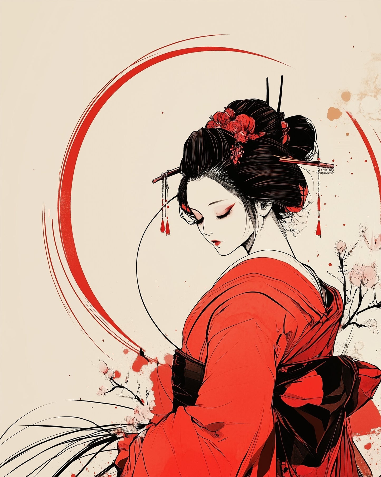 Elegantes Geisha Porträt von miicreaitve. Ein japanisches Motiv mit roten Akzenten. Perfekt zum Malen nach Zahlen für achtsame Momente.