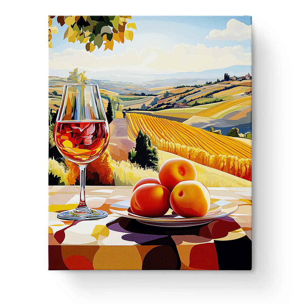 Toskana Wein und Früchte Still Life von miicreaitve. Ein Glas Wein und Früchte vor toskanischer Landschaft. Malen nach Zahlen erleben und entspannen.