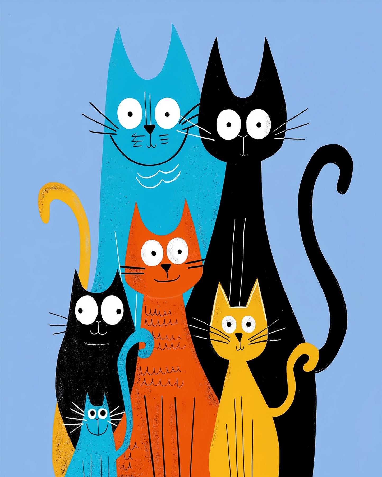 Bunte Katzenfamilie auf blauem Hintergrund - miicreative. Lebendige Farben für ein entspannendes Malen nach Zahlen Erlebnis. Kreativität und Ruhe vereint.
