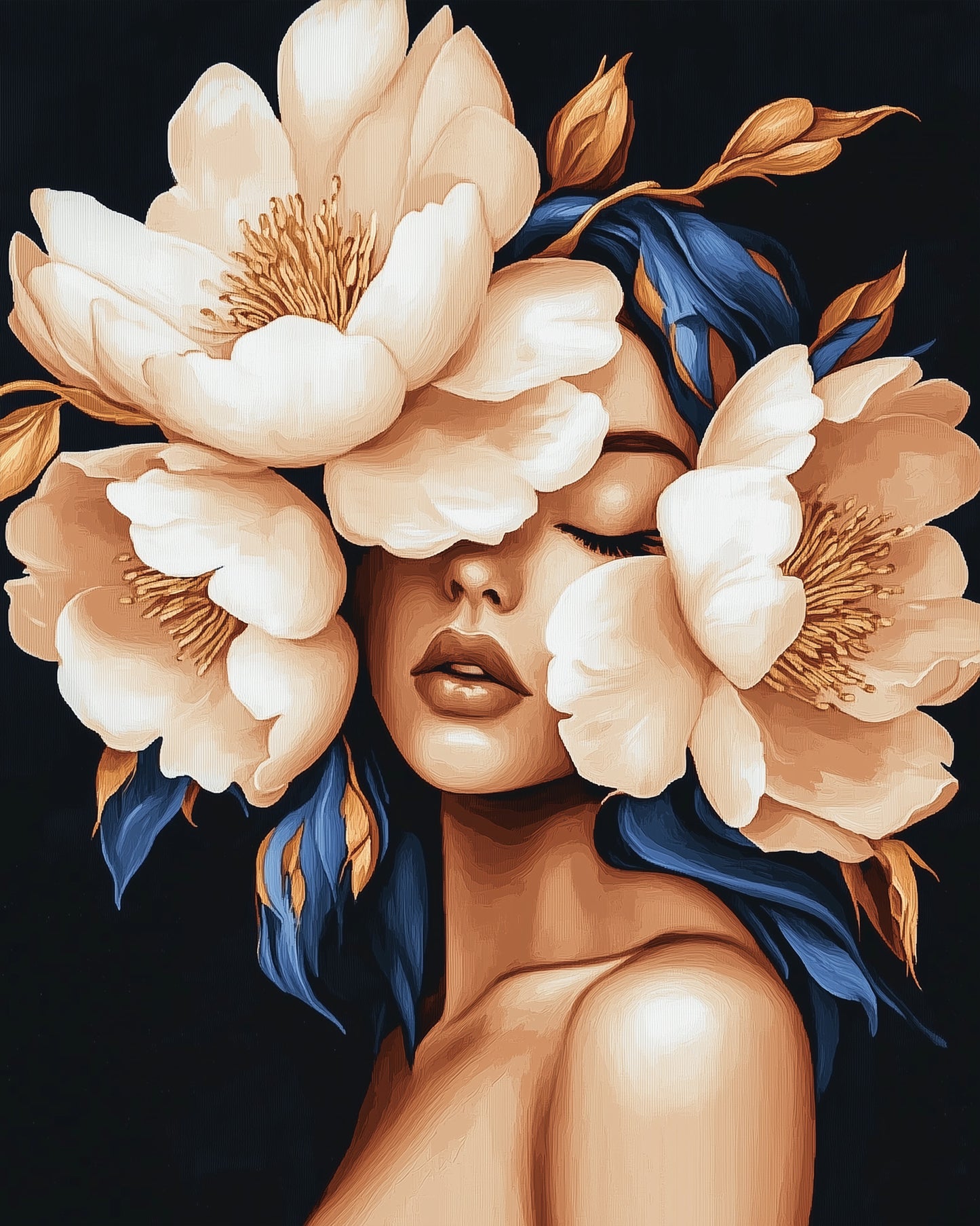 Detailliertes Gesicht mit Blumenkranz, miicreative Malen nach Zahlen Kit. Perfekt für kreative Momente und innere Ruhe.