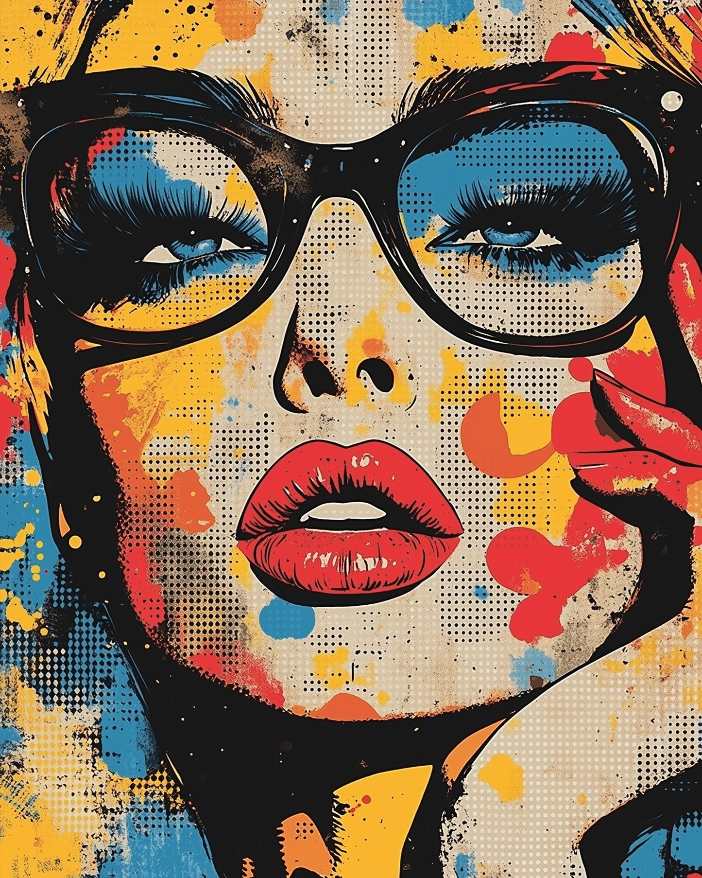 Künstlerische Pop-Art-Darstellung eines Gesichts mit Brille. Farbenfrohe Brillenschönheit von miicreative, perfekt für kreative Entspannung und Achtsamkeit.