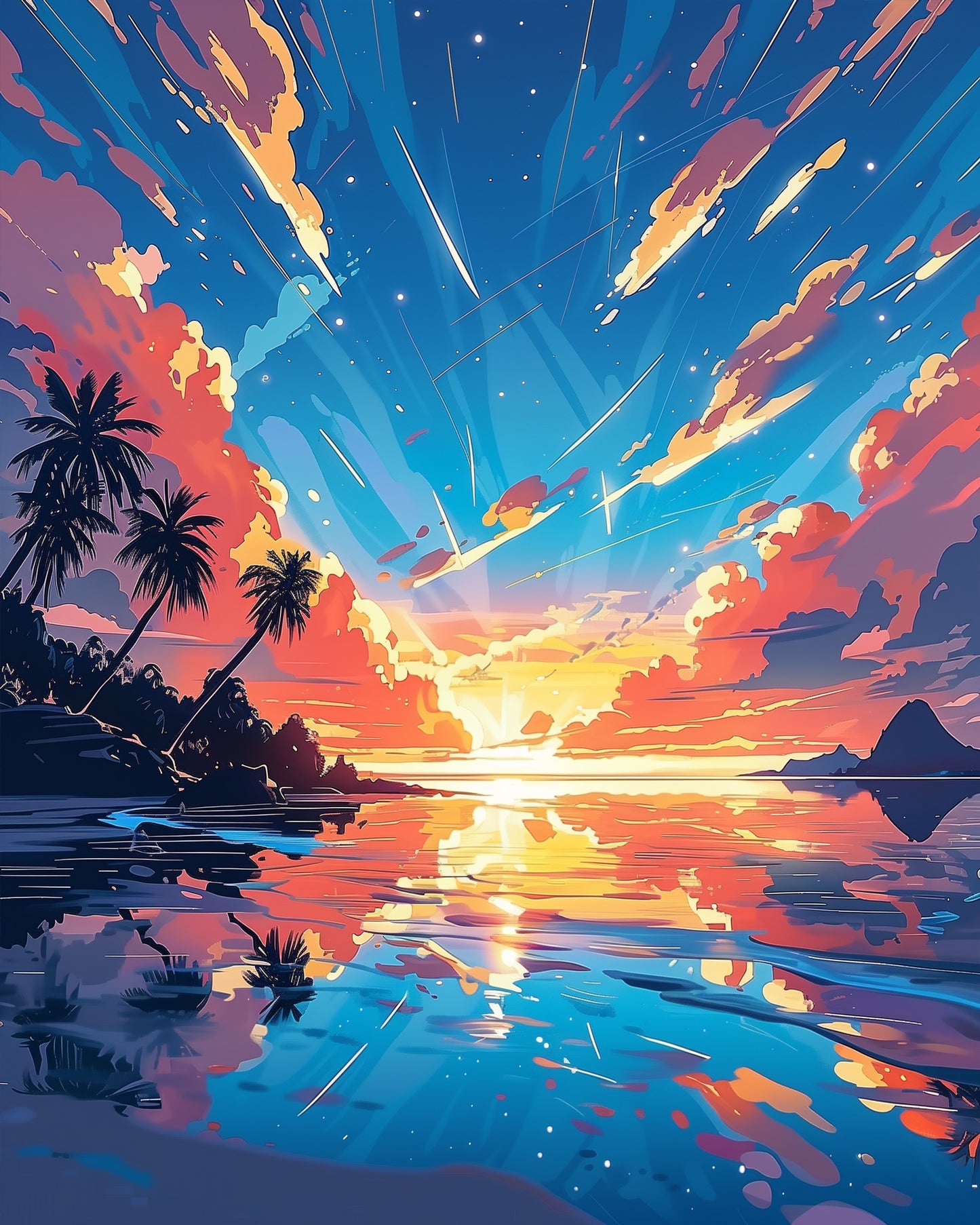 Malen nach Zahlen-Kit von miicreative zeigt einen traumhaften Sonnenuntergang mit atemberaubenden Farbtönen und Palmen. Ideal für meditative Entspannung und kreative Entfaltung.