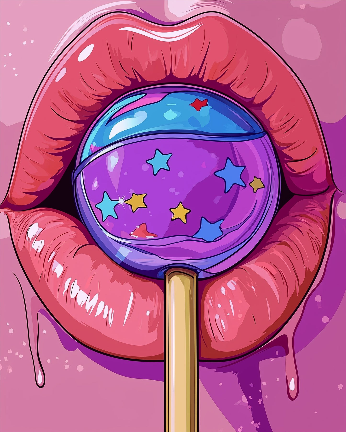 Dieses miicreaitve Bild zeigt Lippen und einen bunten Lutscher. Perfekt für kreatives und meditatives Malen nach Zahlen. Entdecke die Pop Art Freude!