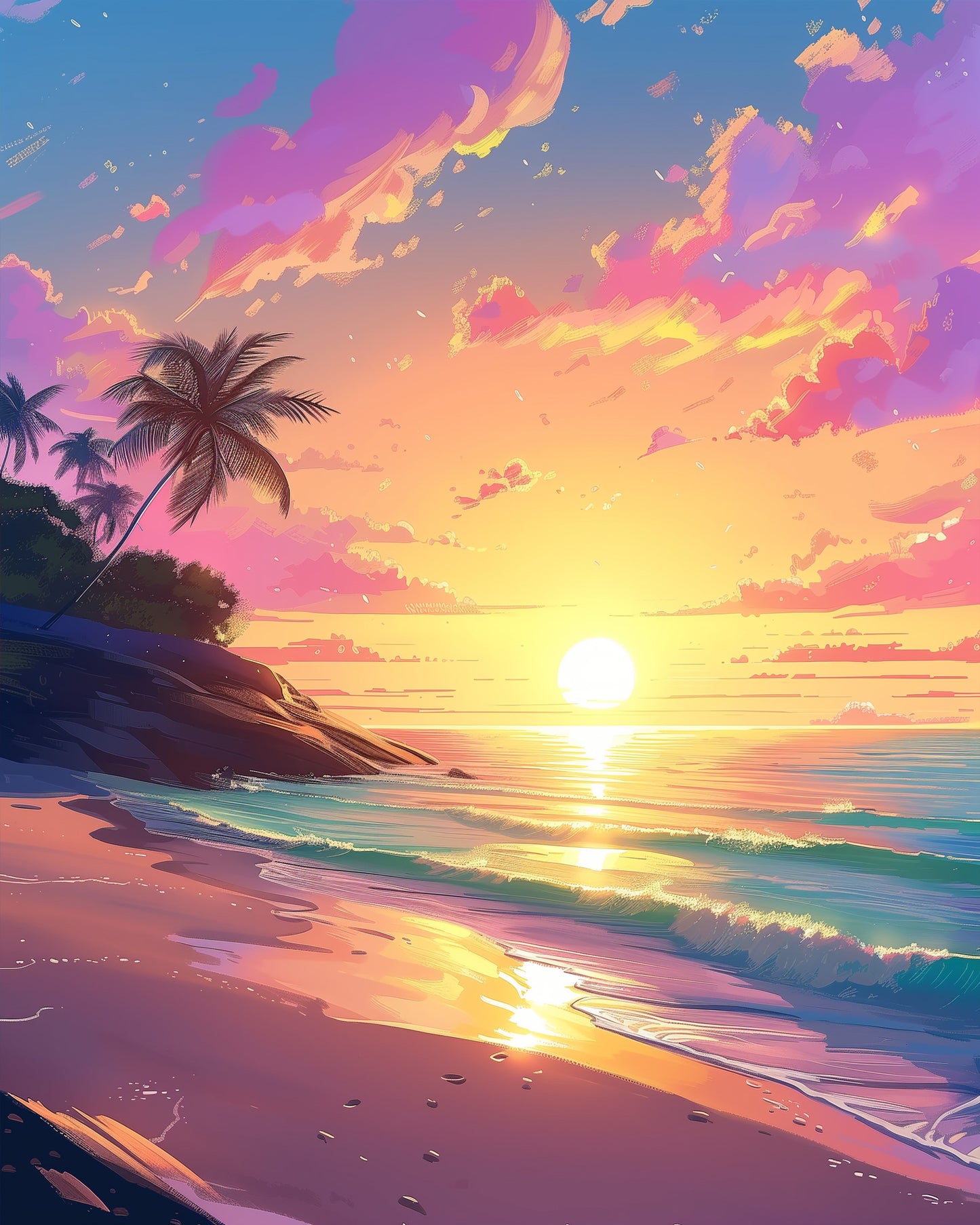 Malen nach Zahlen Set von miicreaitve: Ein leuchtender Sonnenuntergang über dem Ozean, ideal für Entspannung und künstlerische Inspiration.