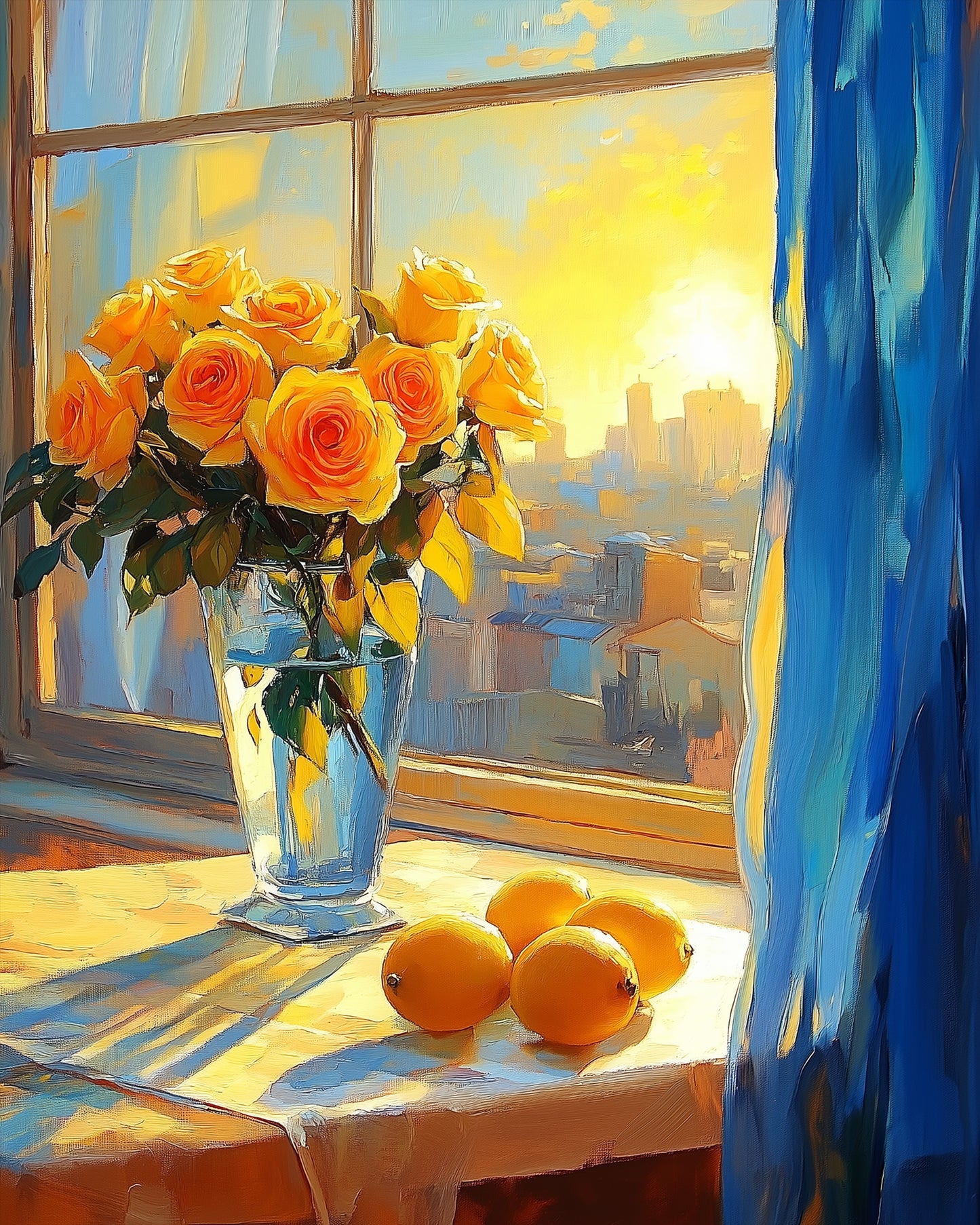 Ein Malen nach Zahlen Kit von miicreaitve: Ein sonniger Fensterplatz mit gelben Rosen und Orangen für stressfreien Malspaß.