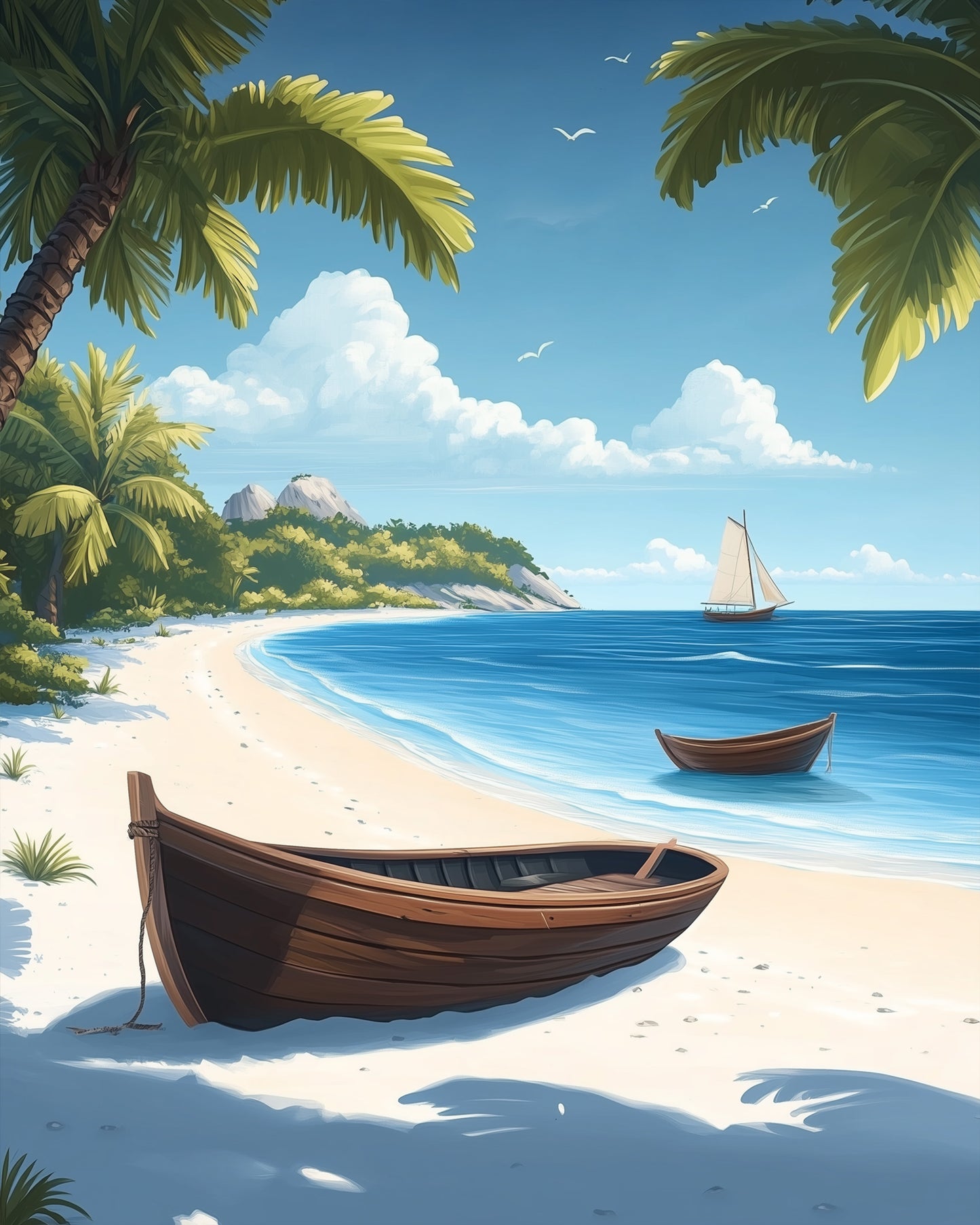 Strandszene - Palmen, Segelboot im Hintergrund. miicreative bietet ein entspannendes Malen nach Zahlen Erlebnis. Ideal für mindfulness und kreative Auszeiten.