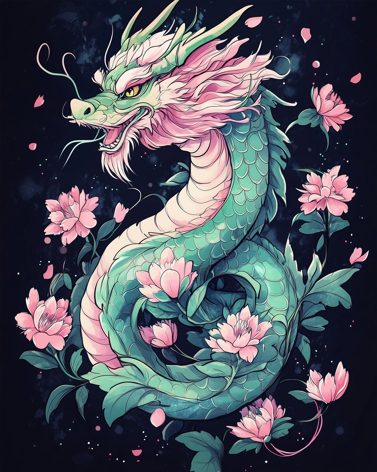 Ein grüner Drache schlängelt sich durch rosa Blüten. Malen nach Zahlen von miicreative für entspanntes Malen und kreative Erholung.
