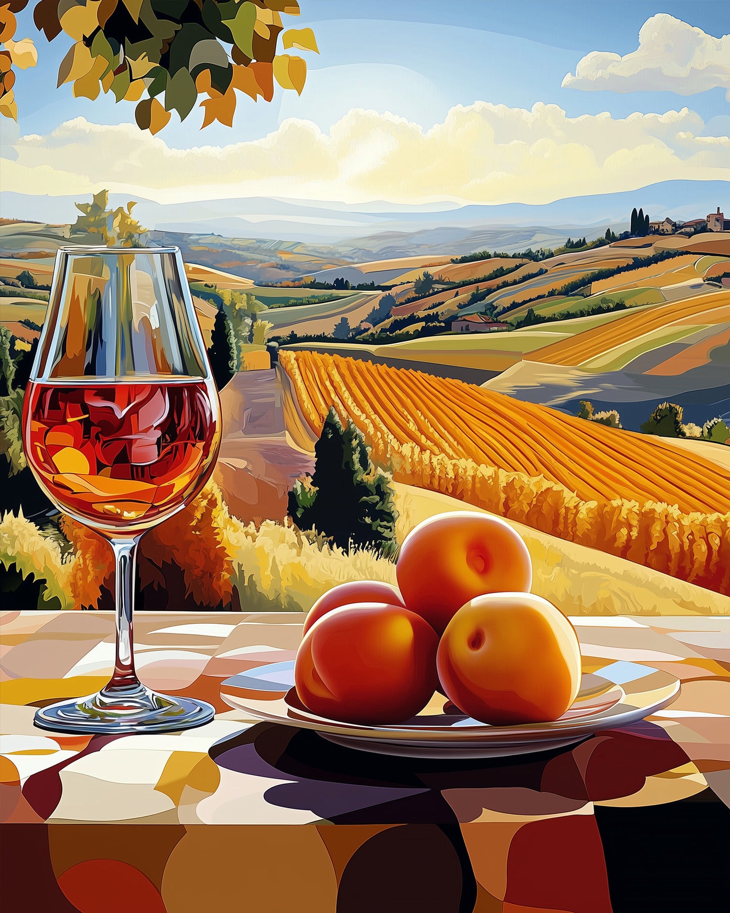 Einladende toskanische Landschaft mit Wein und Früchten. Malen nach Zahlen von miicreaitve für entspannendes und kreatives Schaffen.