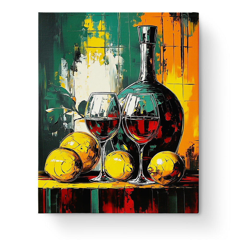Weingläser und Zitronen - Still Life von miicreative. Lebendige Farben, ein Weinglas und gelbe Zitronen als unvergleichliches Thema in diesem Malen nach Zahlen Set. Ideal für Achtsamkeit und Kreativität.