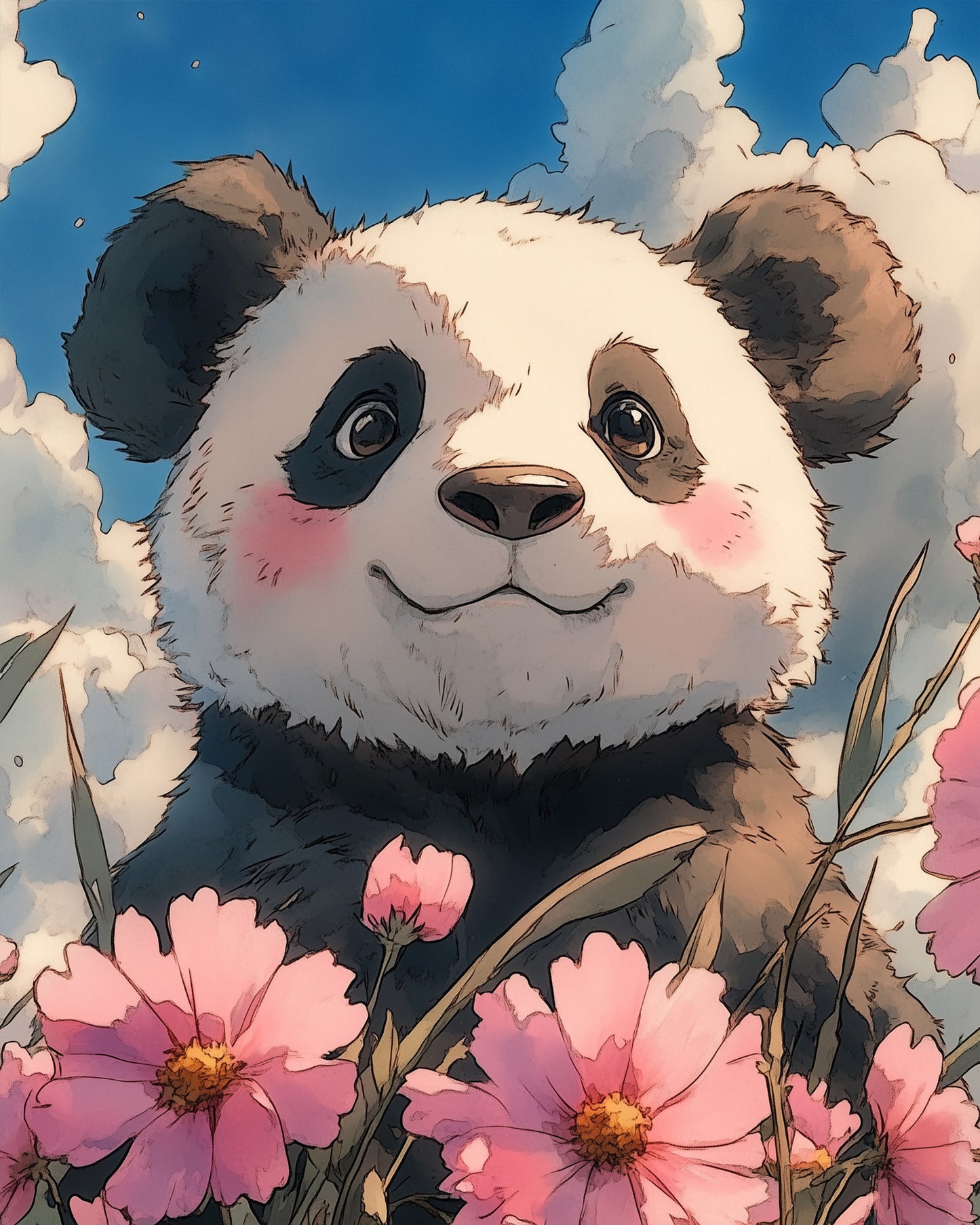 Malerischer lächelnder Panda mit rosa Blumen, Titel 'Lächelnder Panda im Blumenfeld - Asian Art', miicreative. Fördert Achtsamkeit und Kreativität durch Malen nach Zahlen.