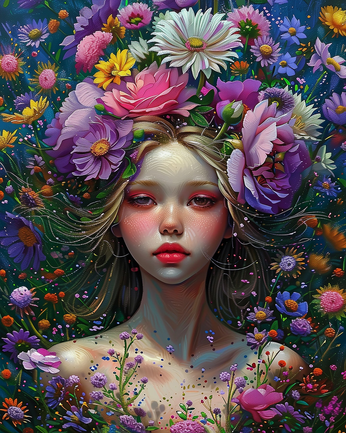 Miicreative 'Blumenpracht der Seele' Malen nach Zahlen. Faszinierende Frau voller Blumen, ideal für kreative Entspannung.