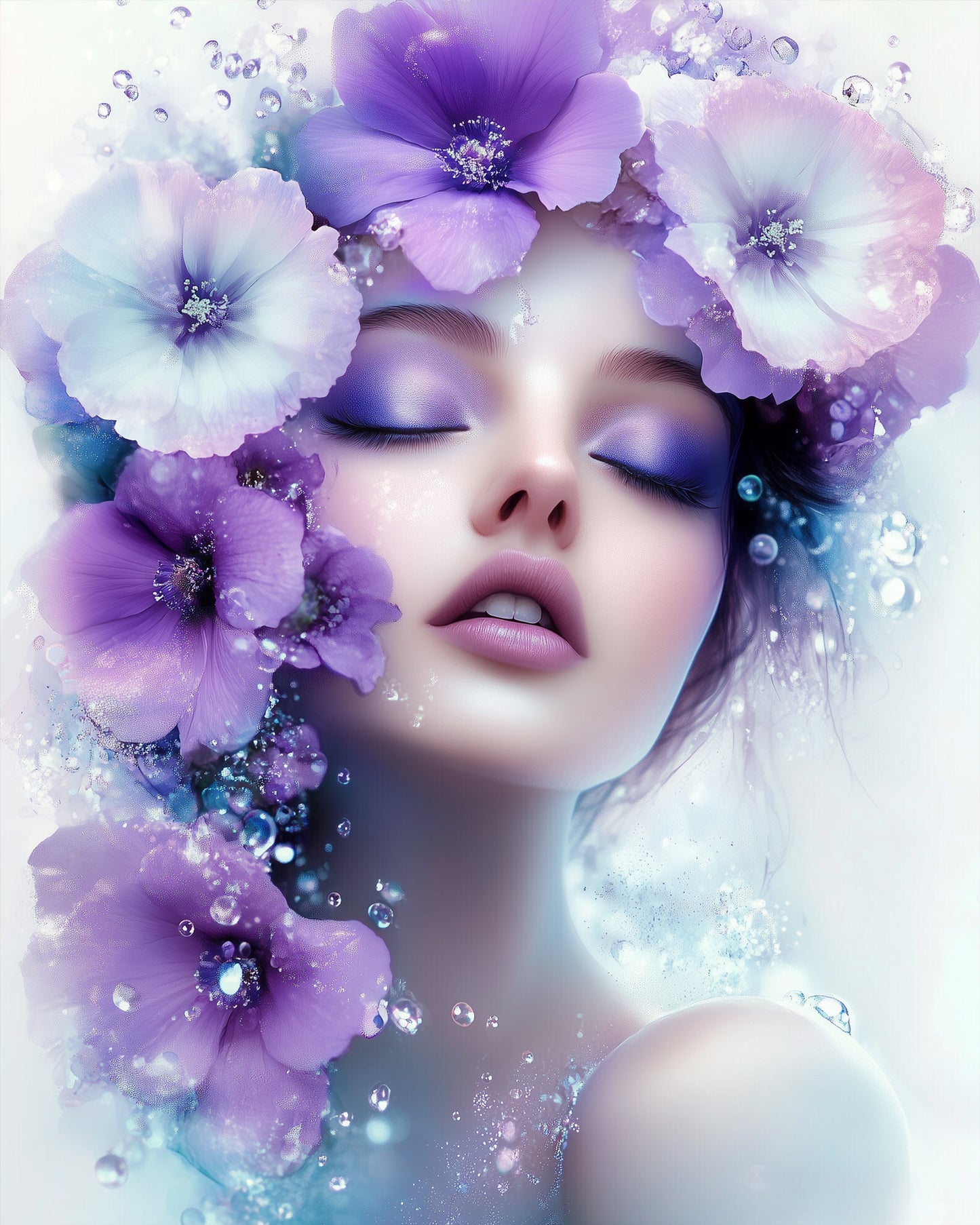 Zarte Blüten umgeben das Gesicht einer Frau, Kunstwerk genannt Traumhafte Blumenpracht - Floral Women von miicreative. Betone die beruhigende Wirkung von Malen nach Zahlen und die kreative Freiheit.