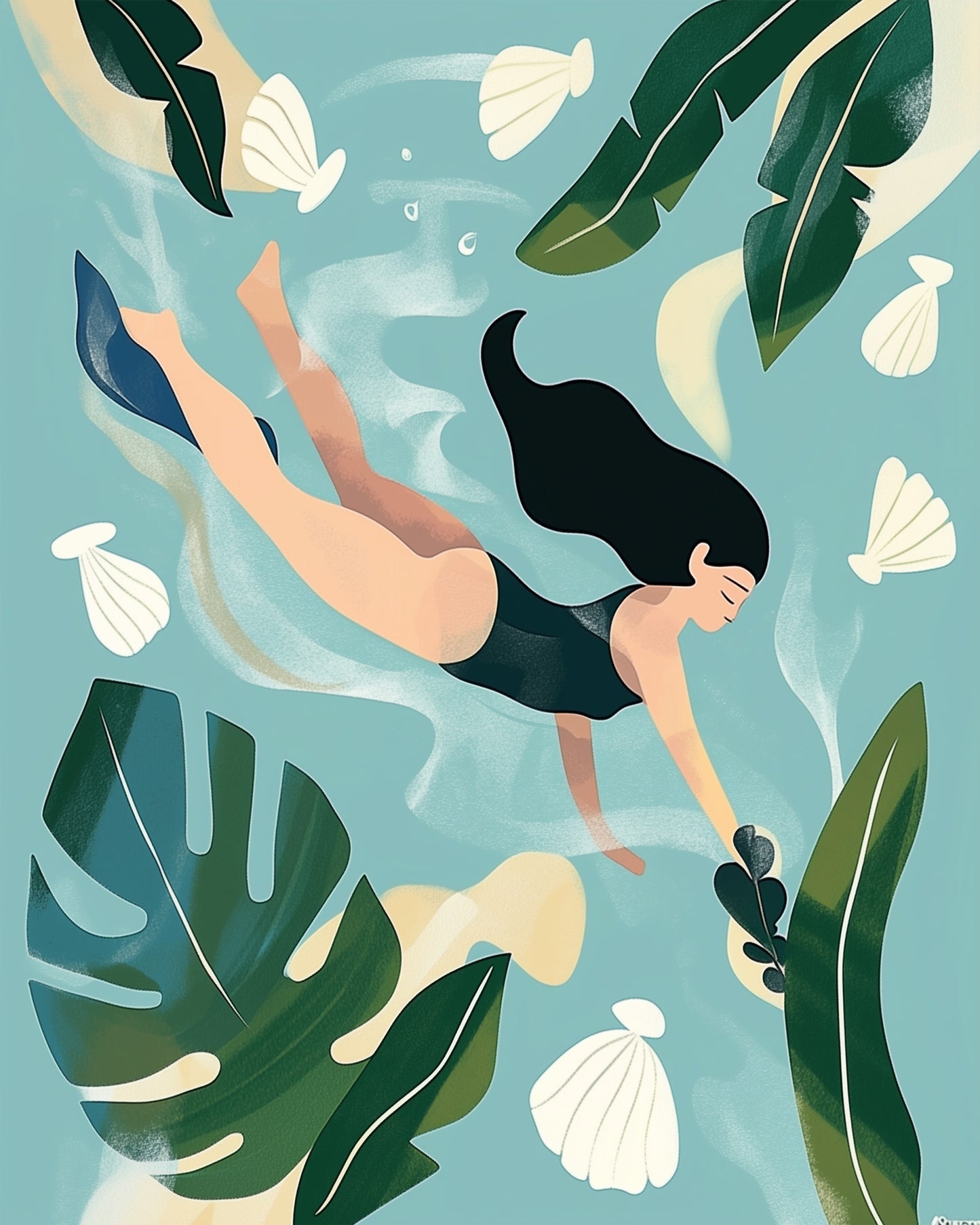 Abstrakte Darstellung einer Schwimmerin im Wasser mit Blättern, miicreative Malen nach Zahlen. Ideal zur Entspannung und inneren Ruhe.
