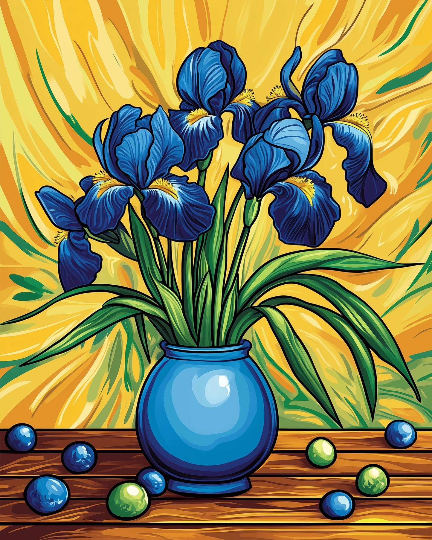 Lebhafte blaue Iris in einer Vase von miicreaitve. Dieses Malen nach Zahlen Kit fördert Entspannung und Schöpfungskraft.