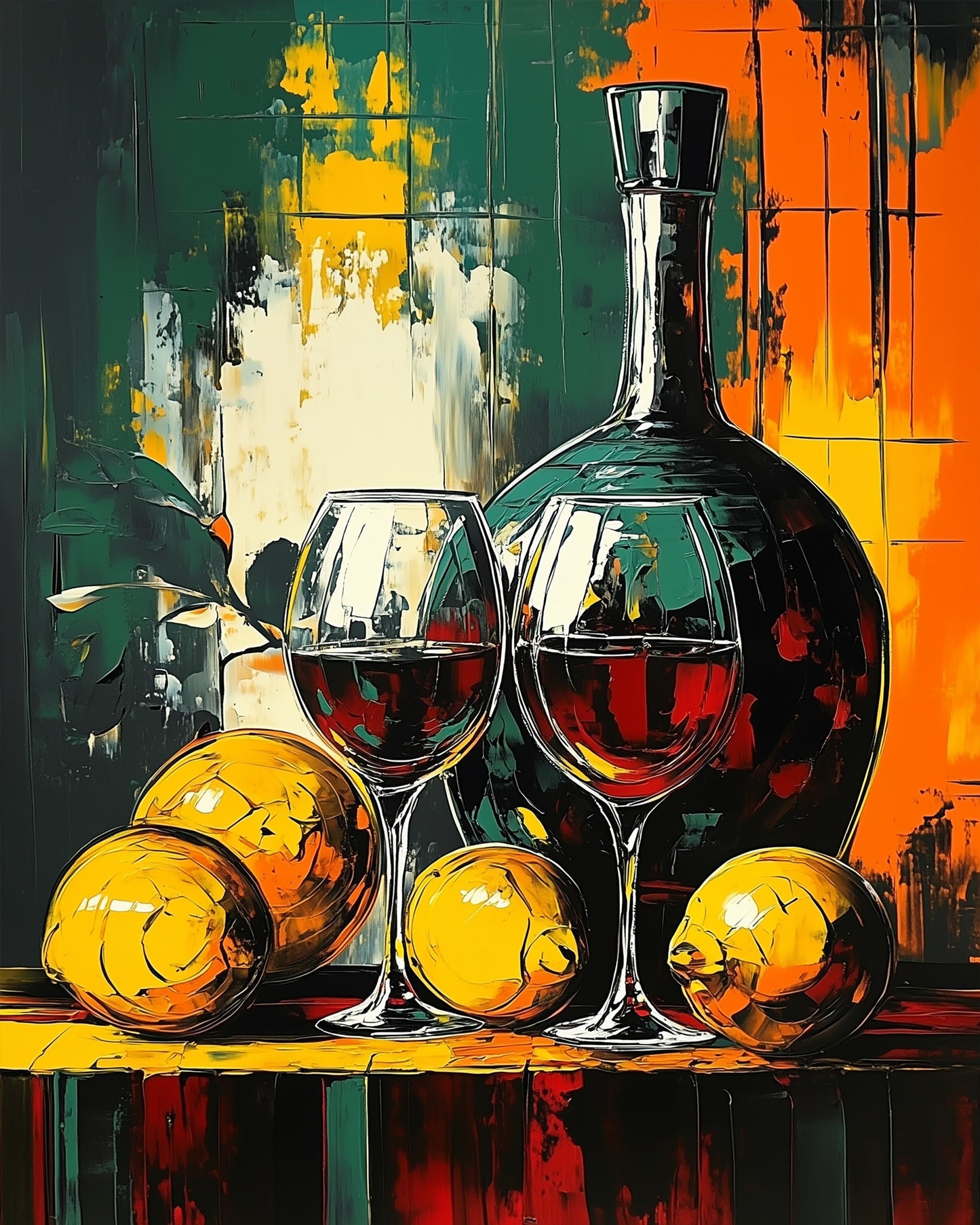 Miicreative's Stillleben mit Weingläsern und Zitronen. Ein harmonisches Kunstwerk in Orange und Grün, perfekt für entspannendes Malen nach Zahlen.