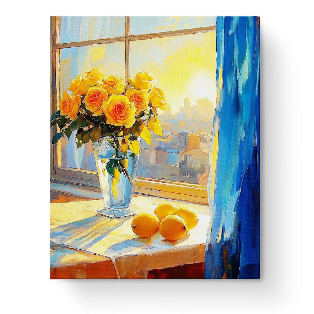 Blühende Rosen am Morgen Still Life von miicreaitve mit leuchtenden gelben Rosen vor einem warmen Sonnenaufgang. Malen nach Zahlen inspiriert zu Achtsamkeit und Kreativität.
