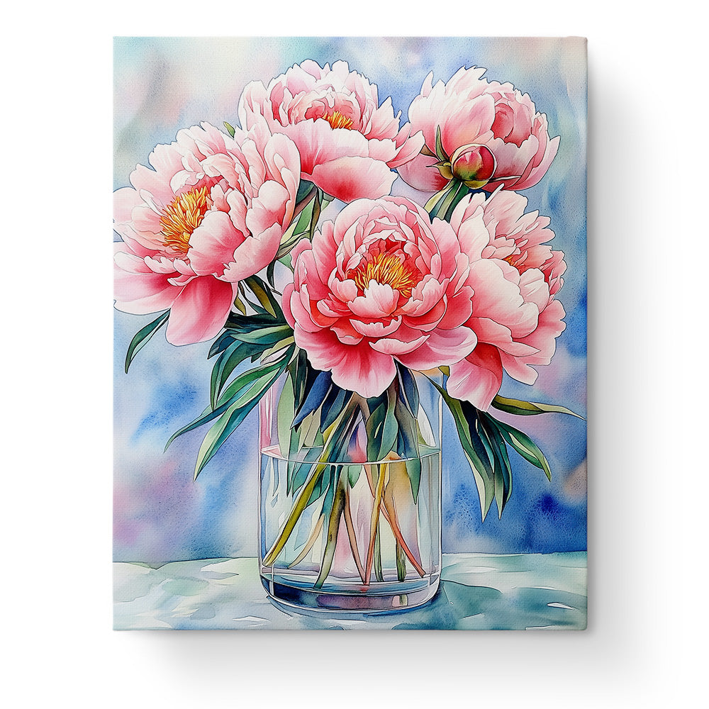 Ein atemberaubendes Blumenmotiv mit rosa Pfingstrosen im Glasvasen von miicreaitve. Perfekt für Malen nach Zahlen und kreative Entspannung.